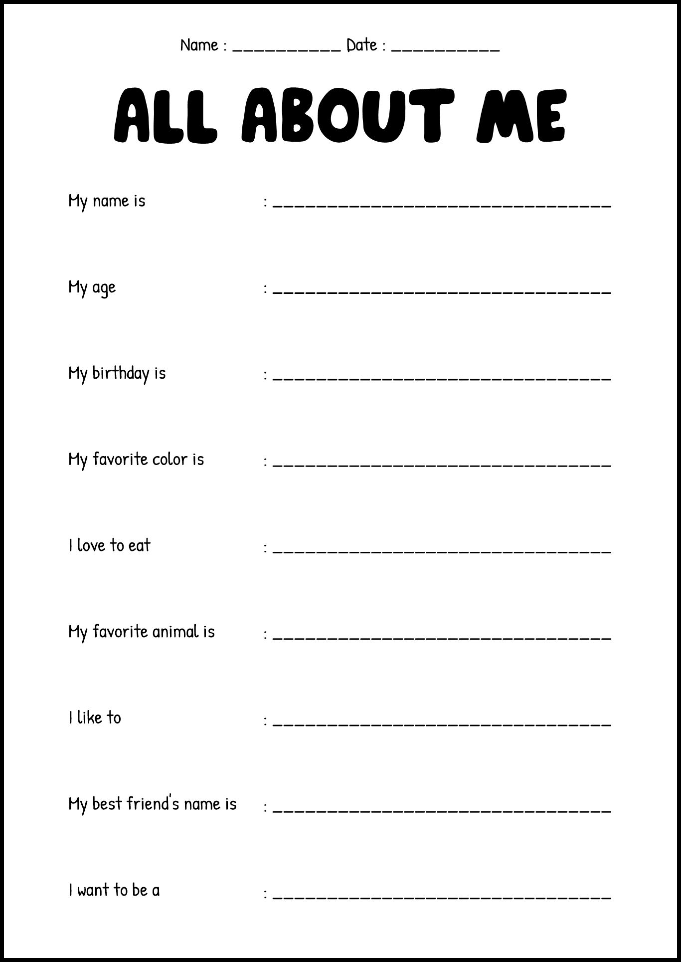 Printable Worksheet All About Me