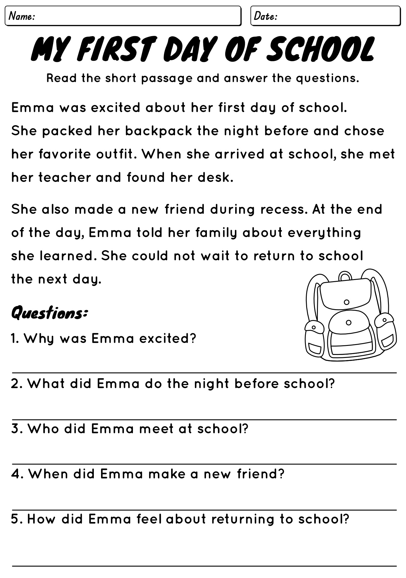 Reading Comprehension First Day Of School