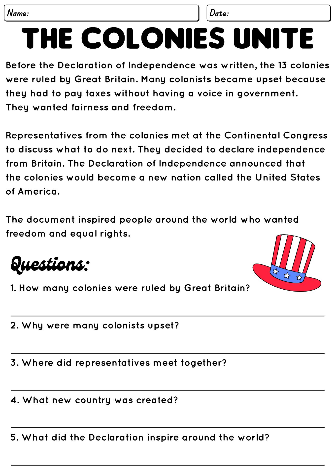 Reading Comprehension Passages Declaration Of Independence