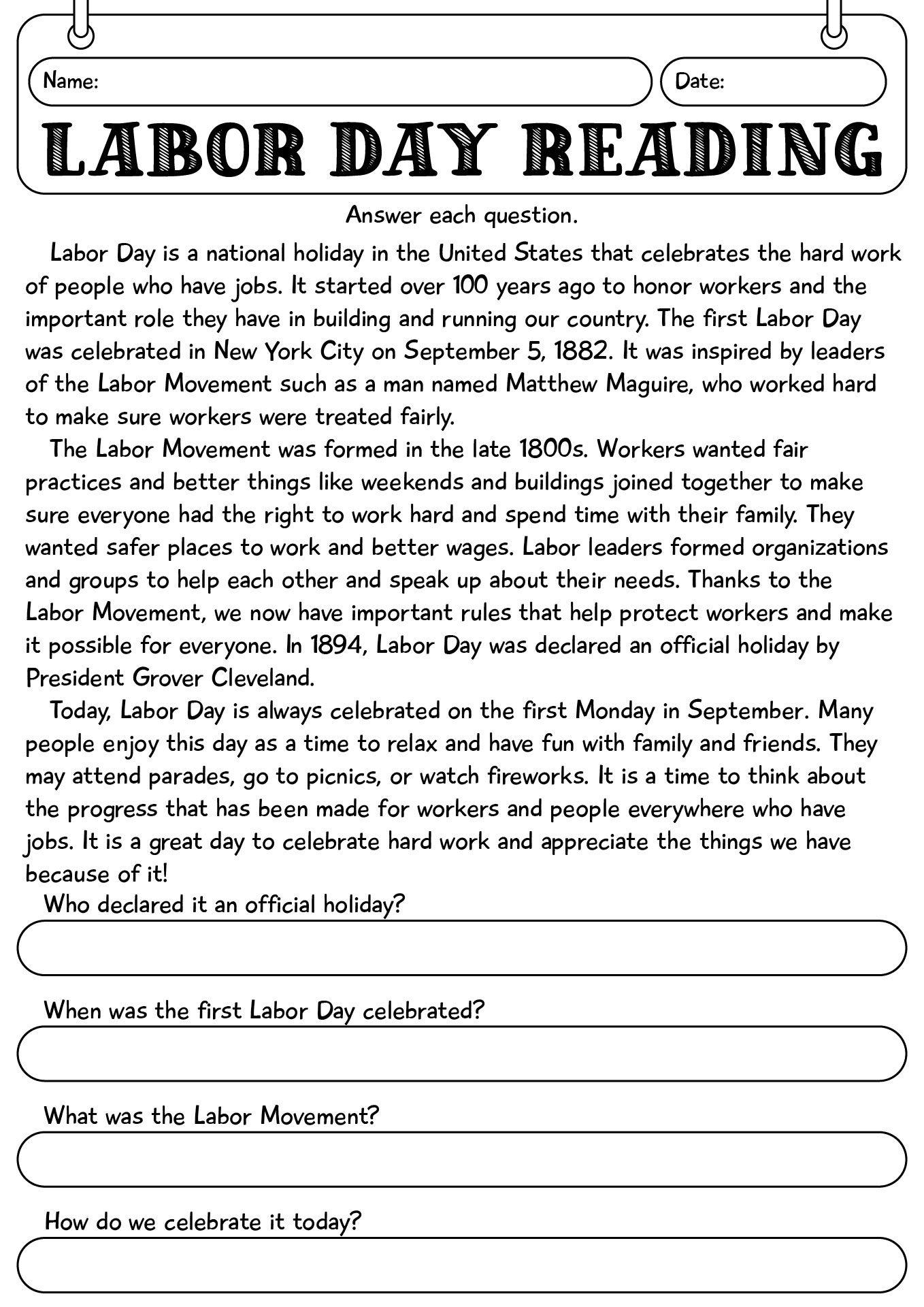 Reading Comprehension Worksheet On Labor Day