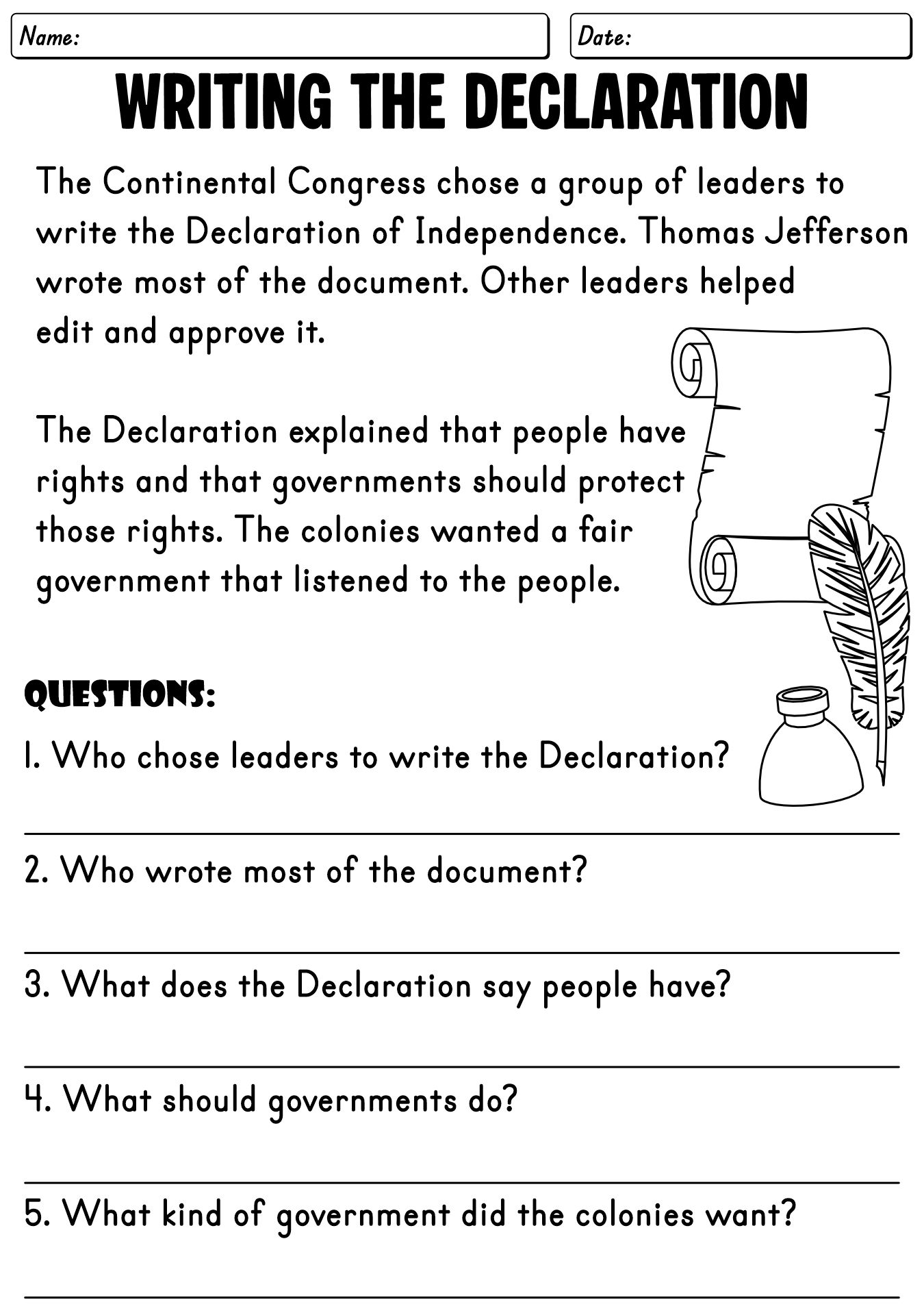 Reading Passage & Questions Declaration of Independence Worksheet