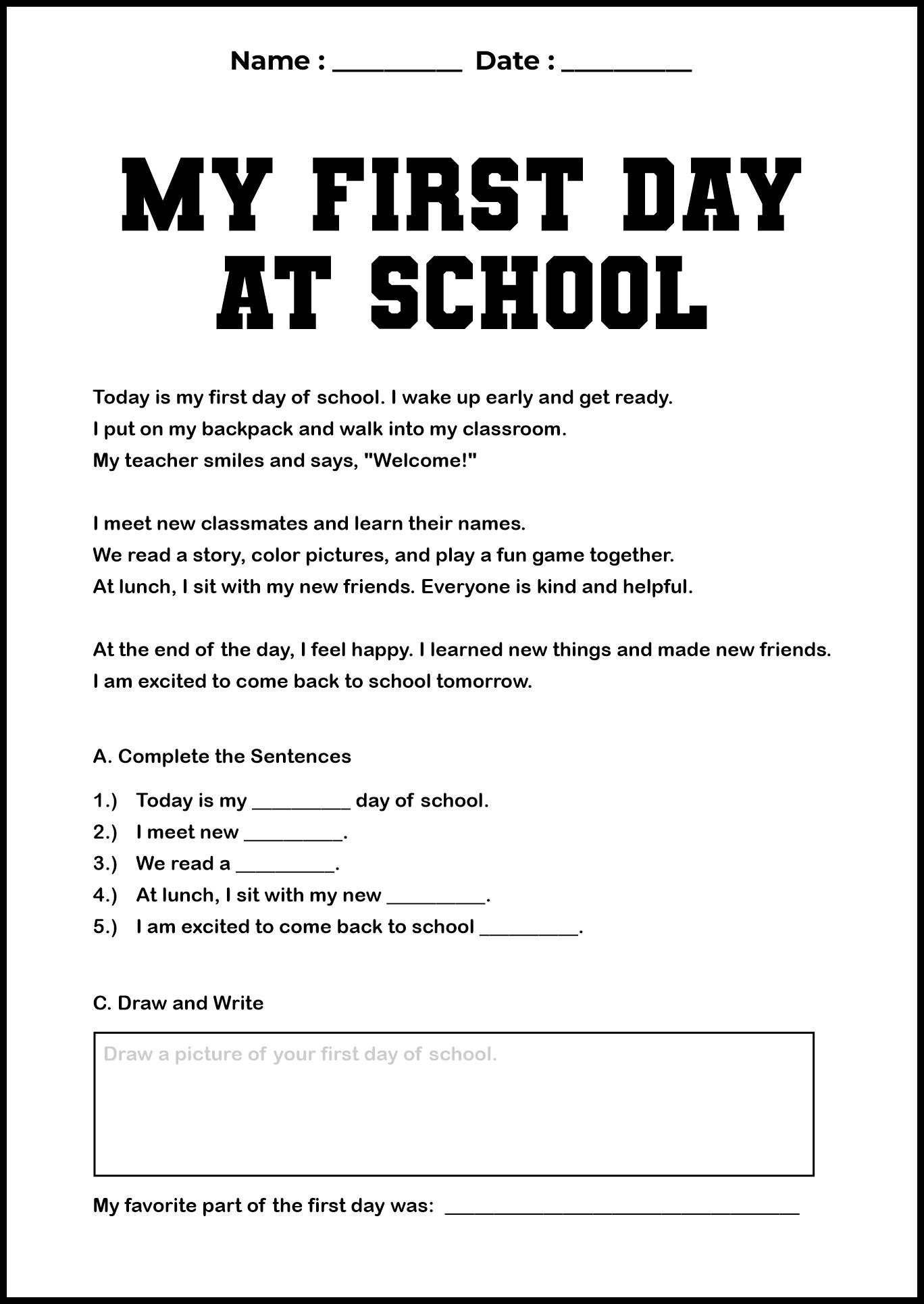 Reading Practice for the First Day of School Worksheet