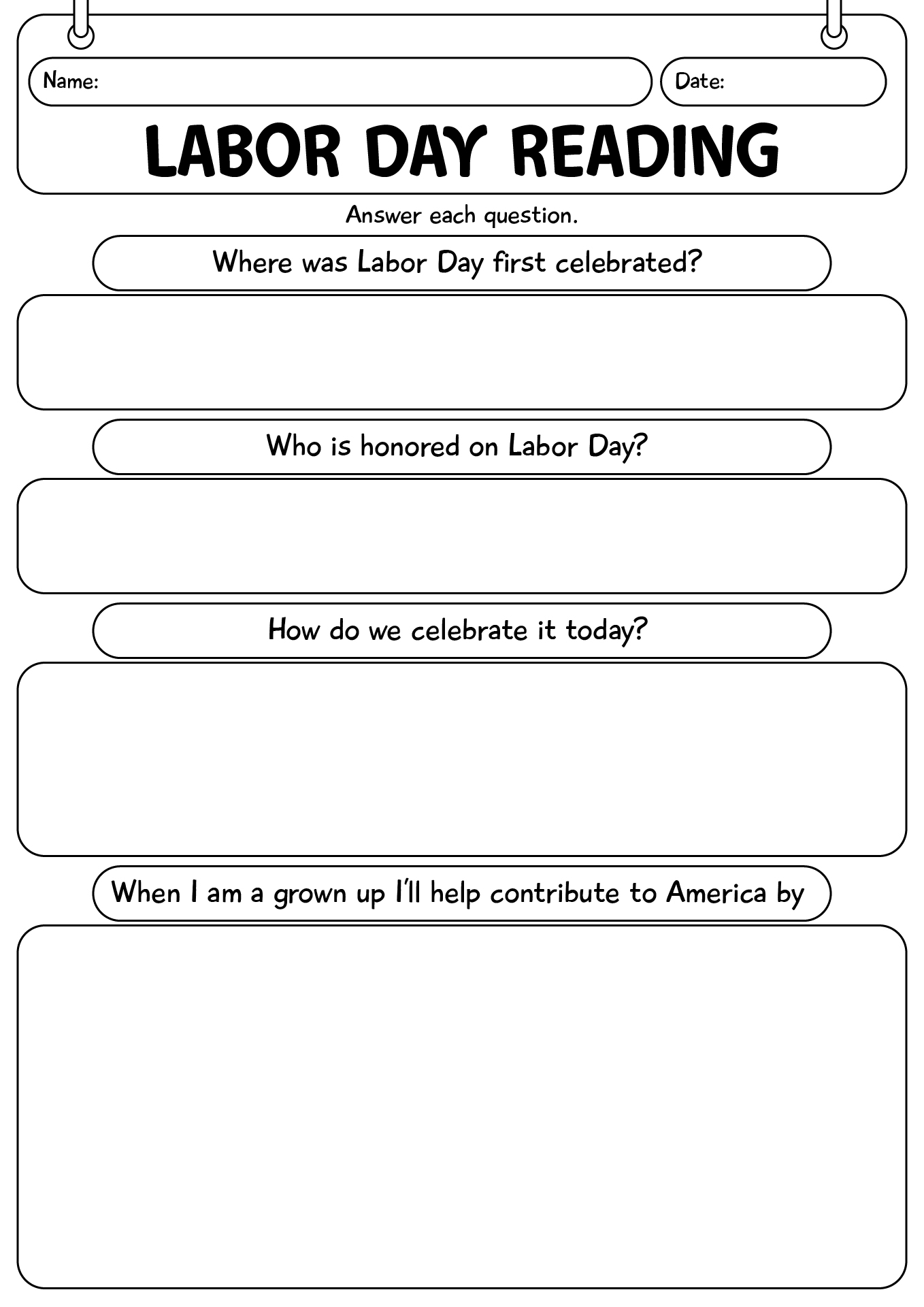 Reading Worksheet About Labor Day