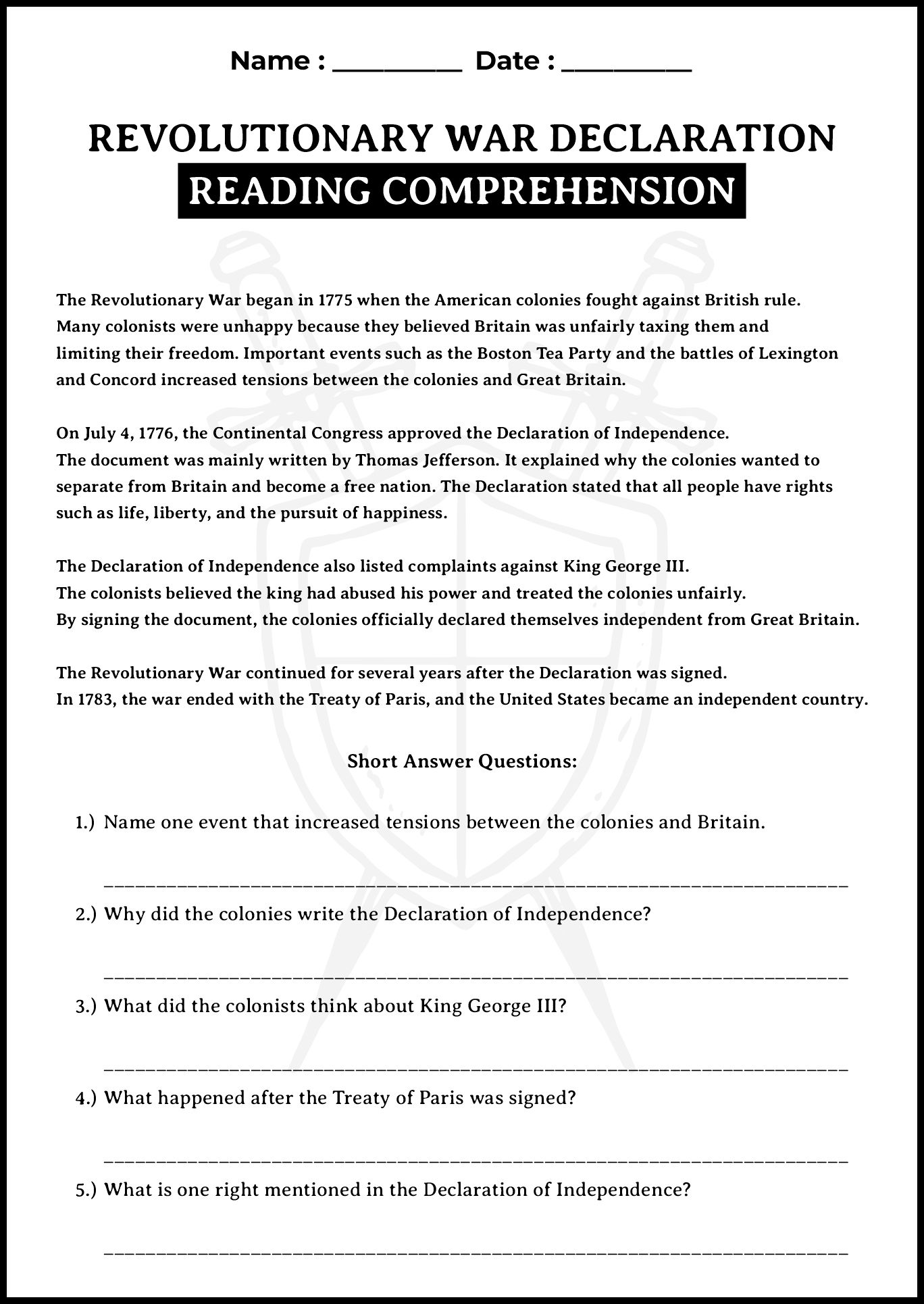 Revolutionary War Declaration Reading Comprehension Worksheet
