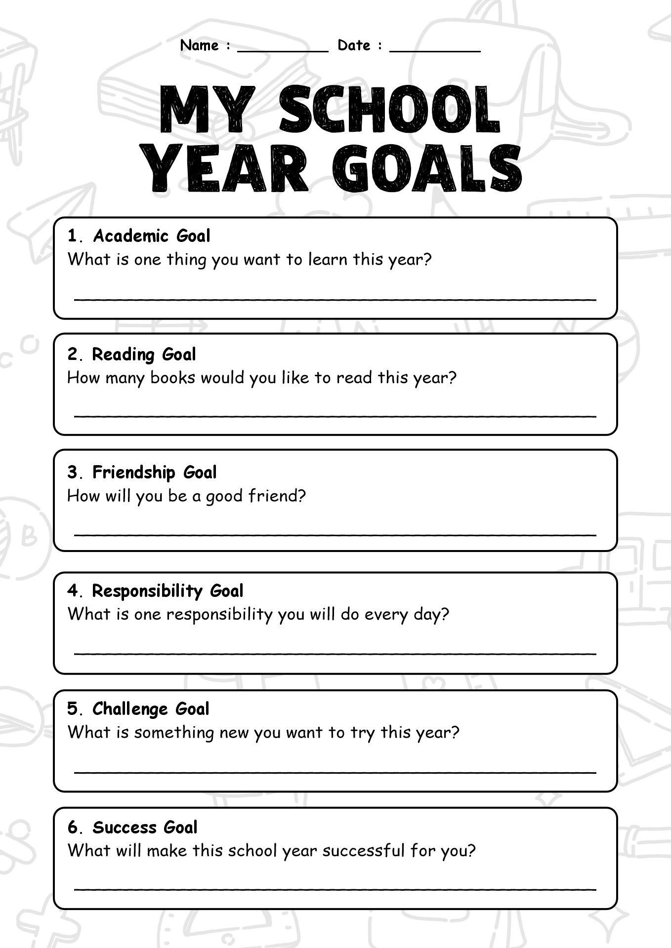 School Year Kickoff Goals Worksheets