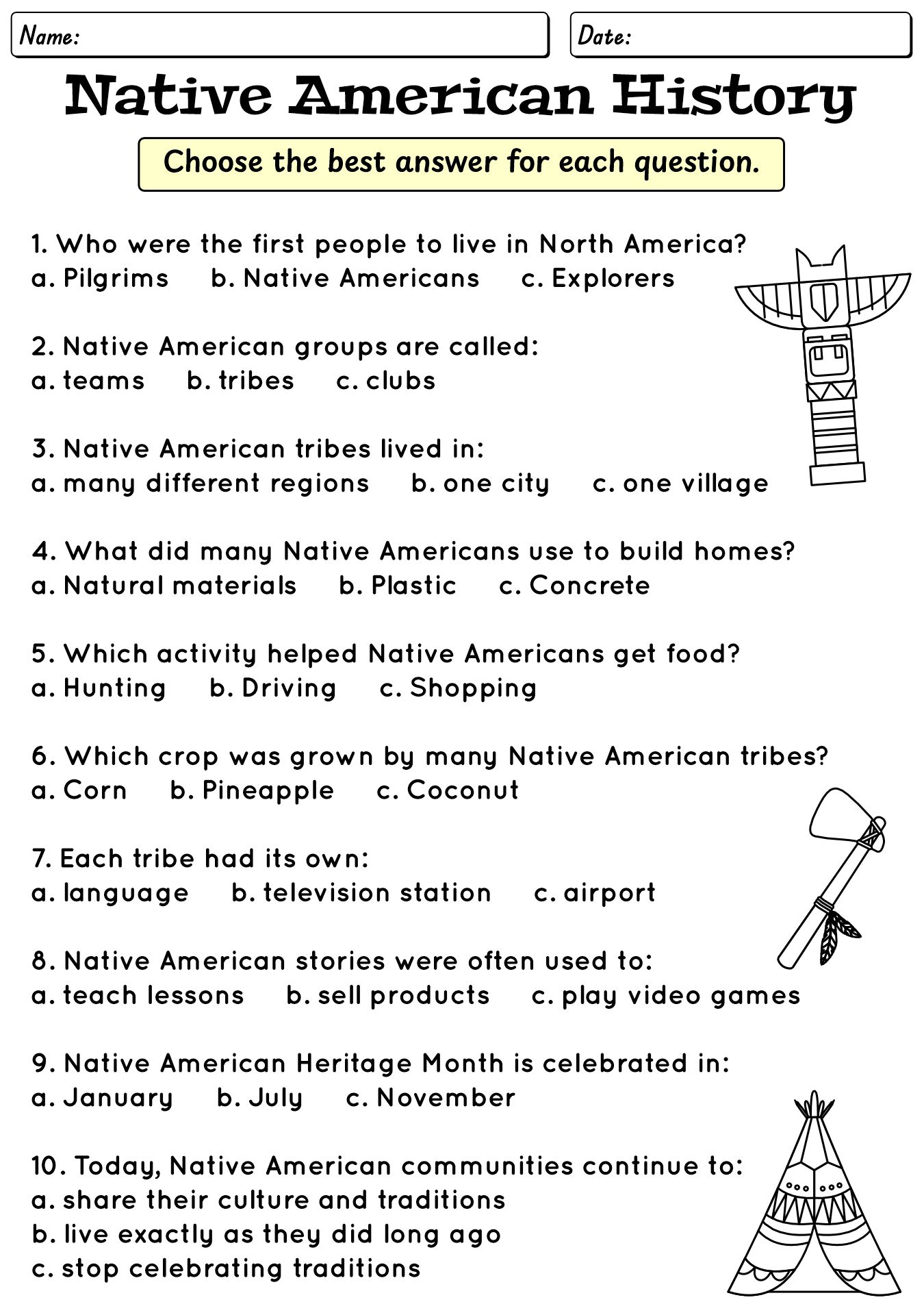 Second Grade Native American History Worksheets