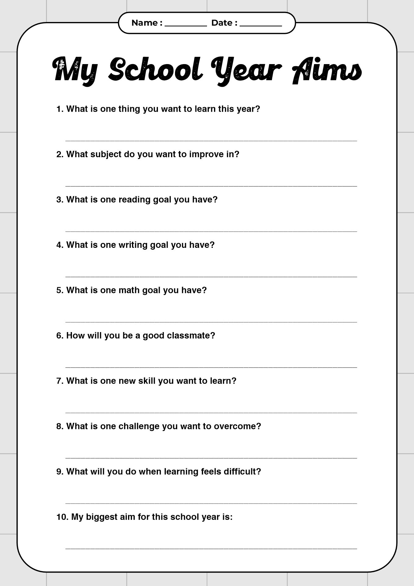 Start of School Year Aims Worksheets