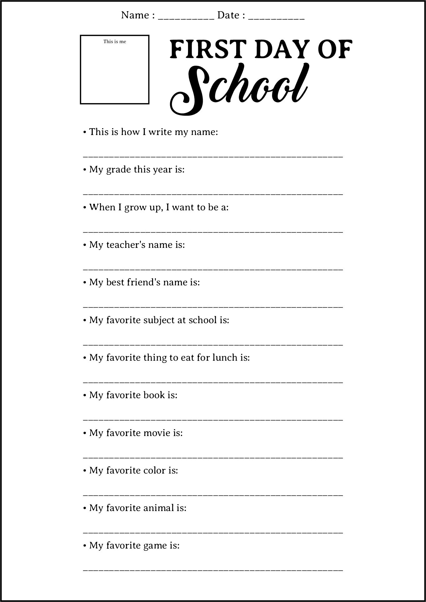 Student Introduction Worksheet for First Day