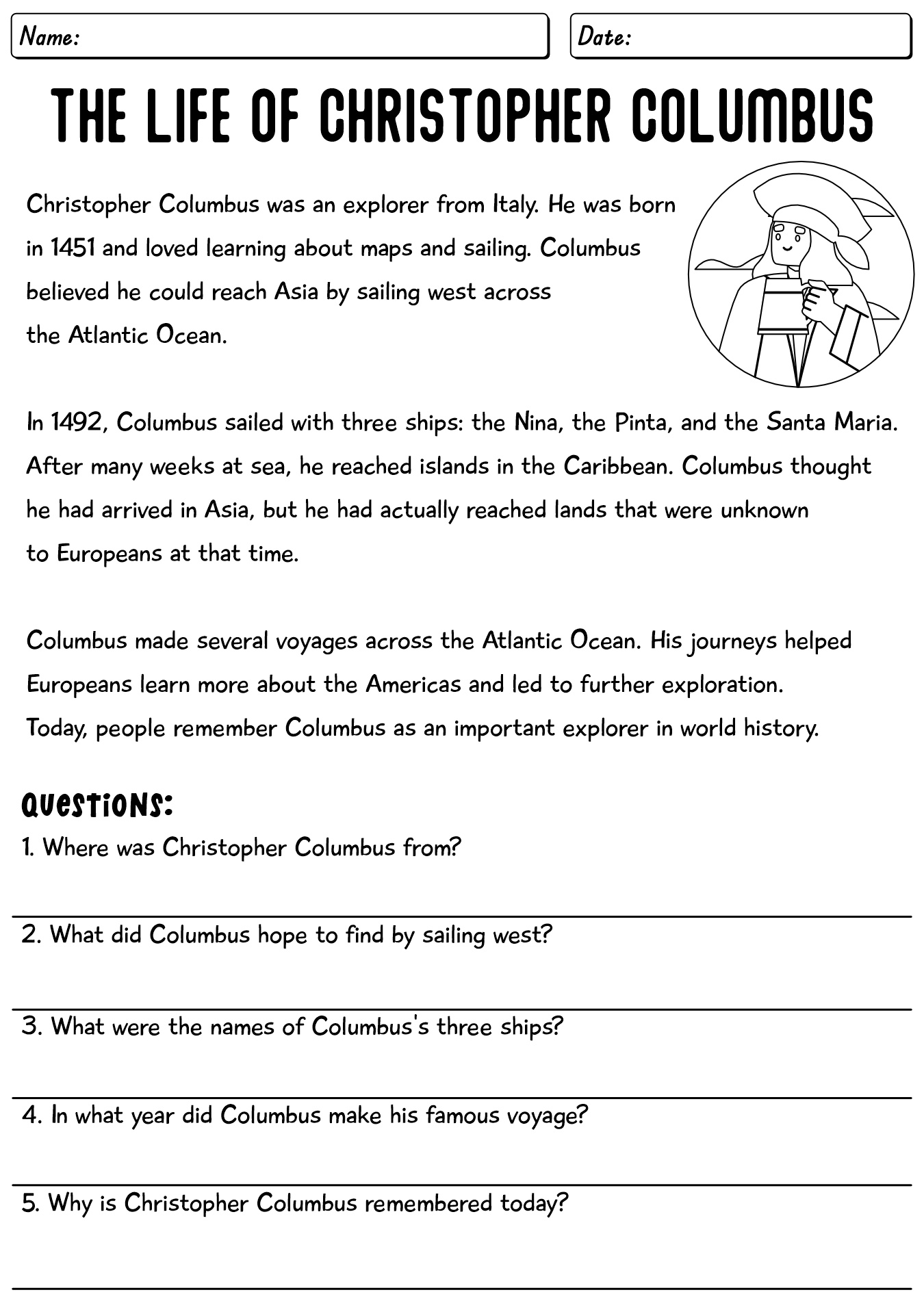 The Life Of Christopher Columbus Worksheet