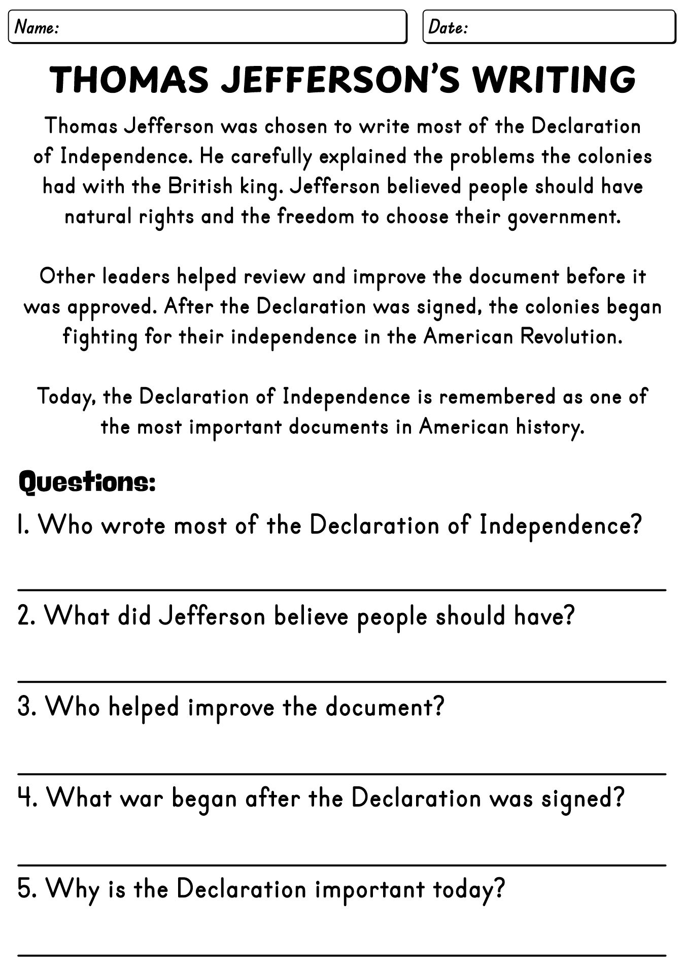Thomas Jefferson And The Declaration Of Independence Worksheet
