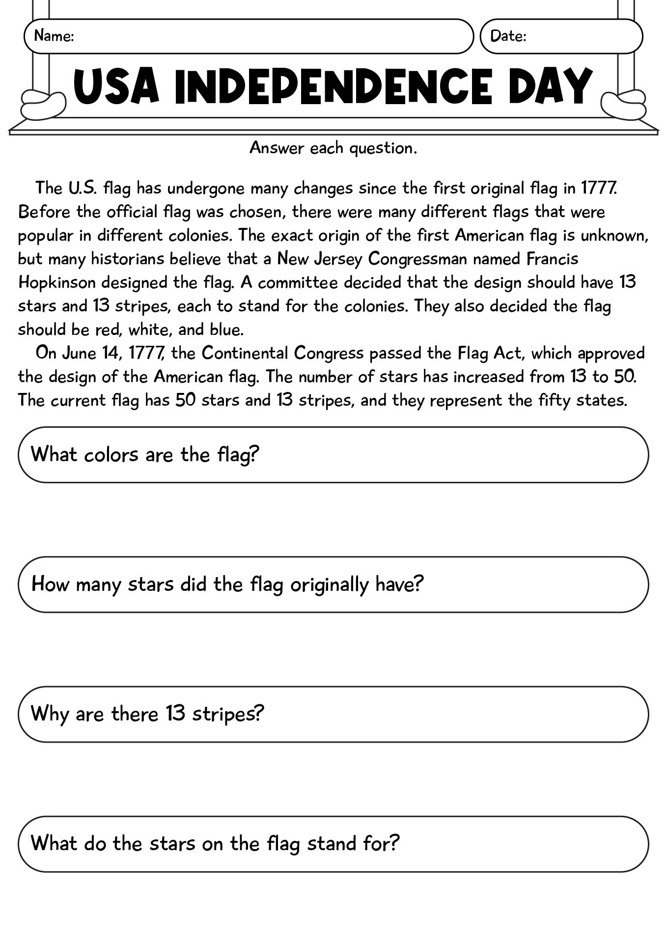 USA Independence Day History Worksheet