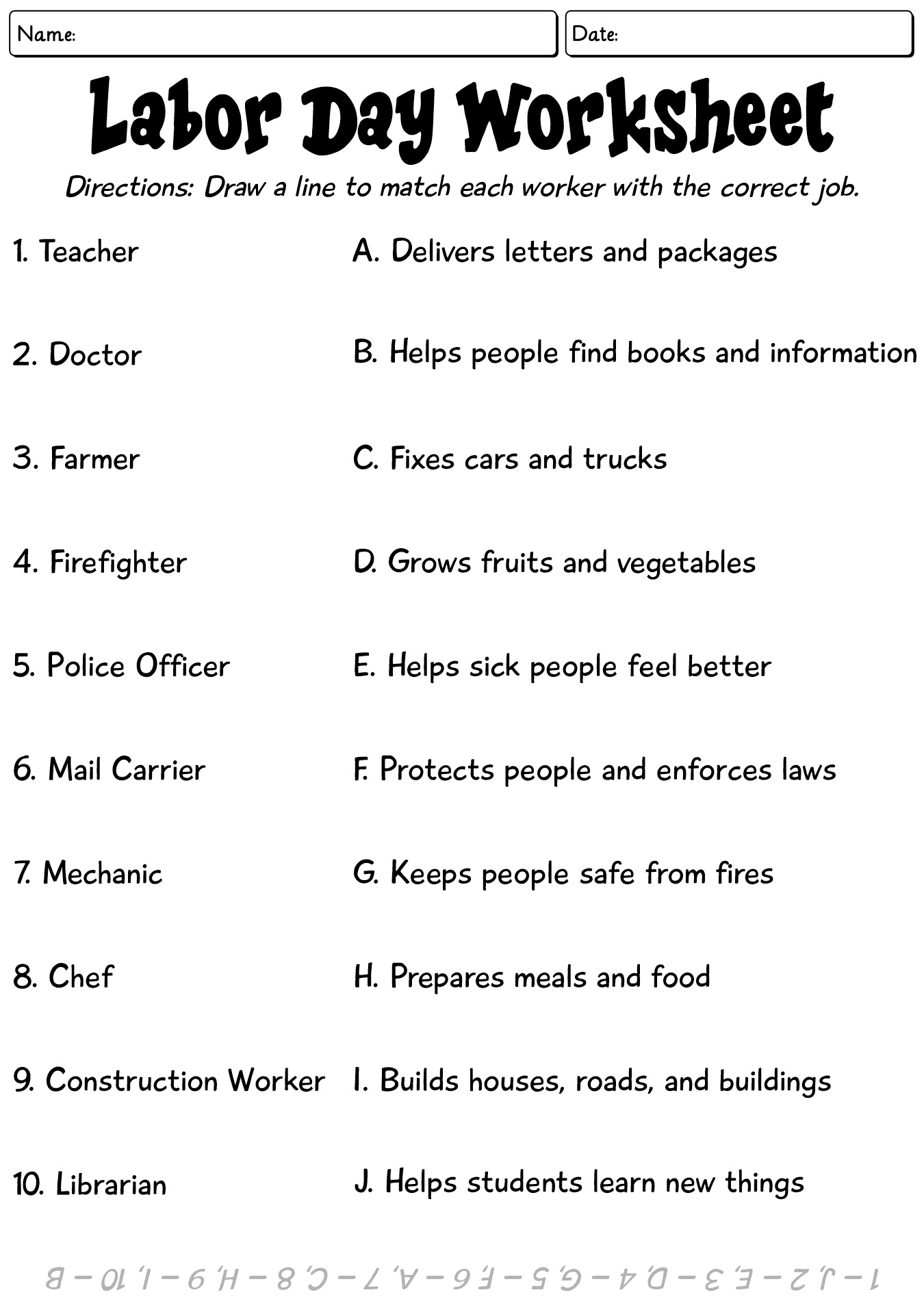 USA Labor Day Worksheet