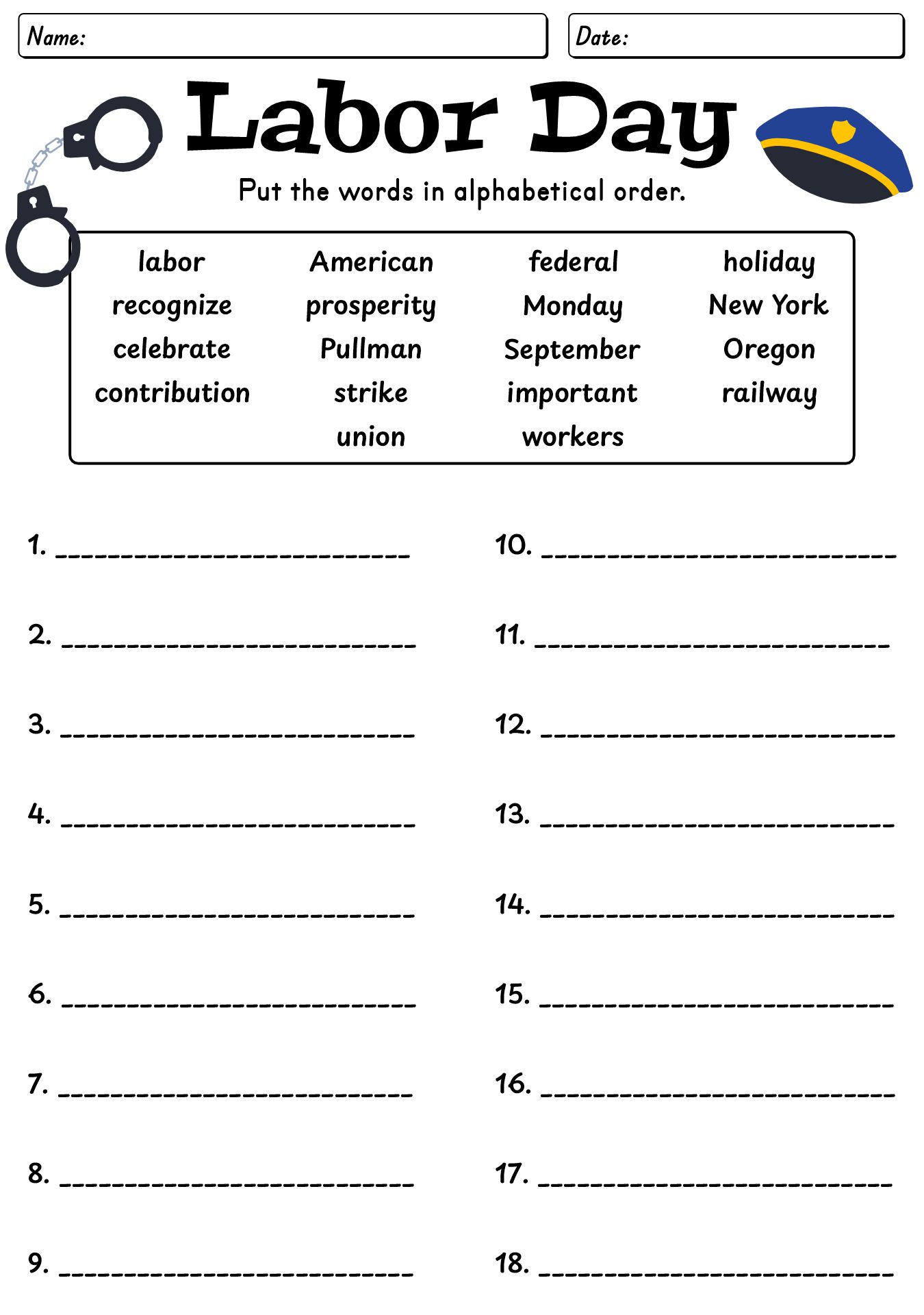 USA Labor Day Worksheets