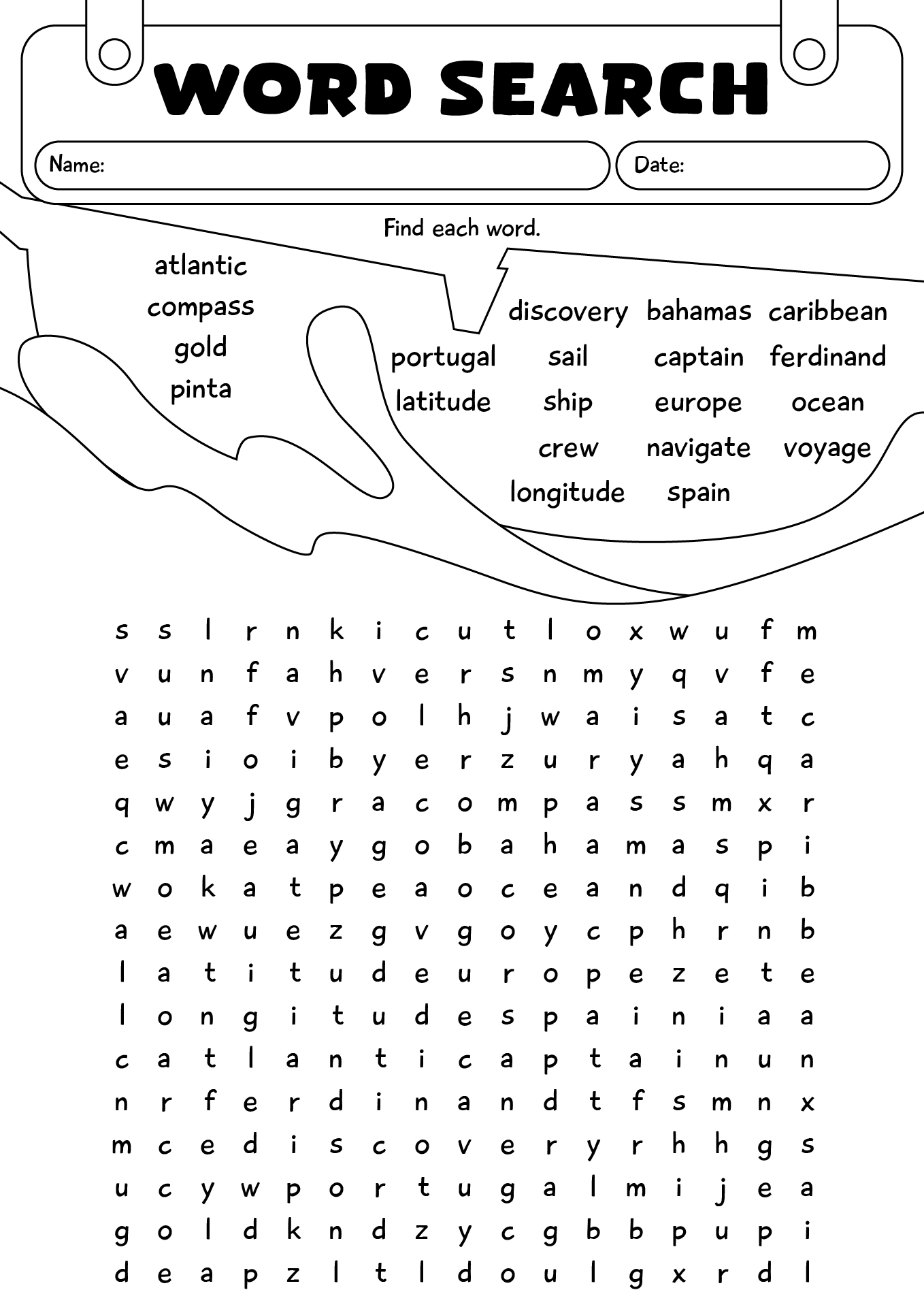 Word Search Puzzle Worksheet For Columbus Day