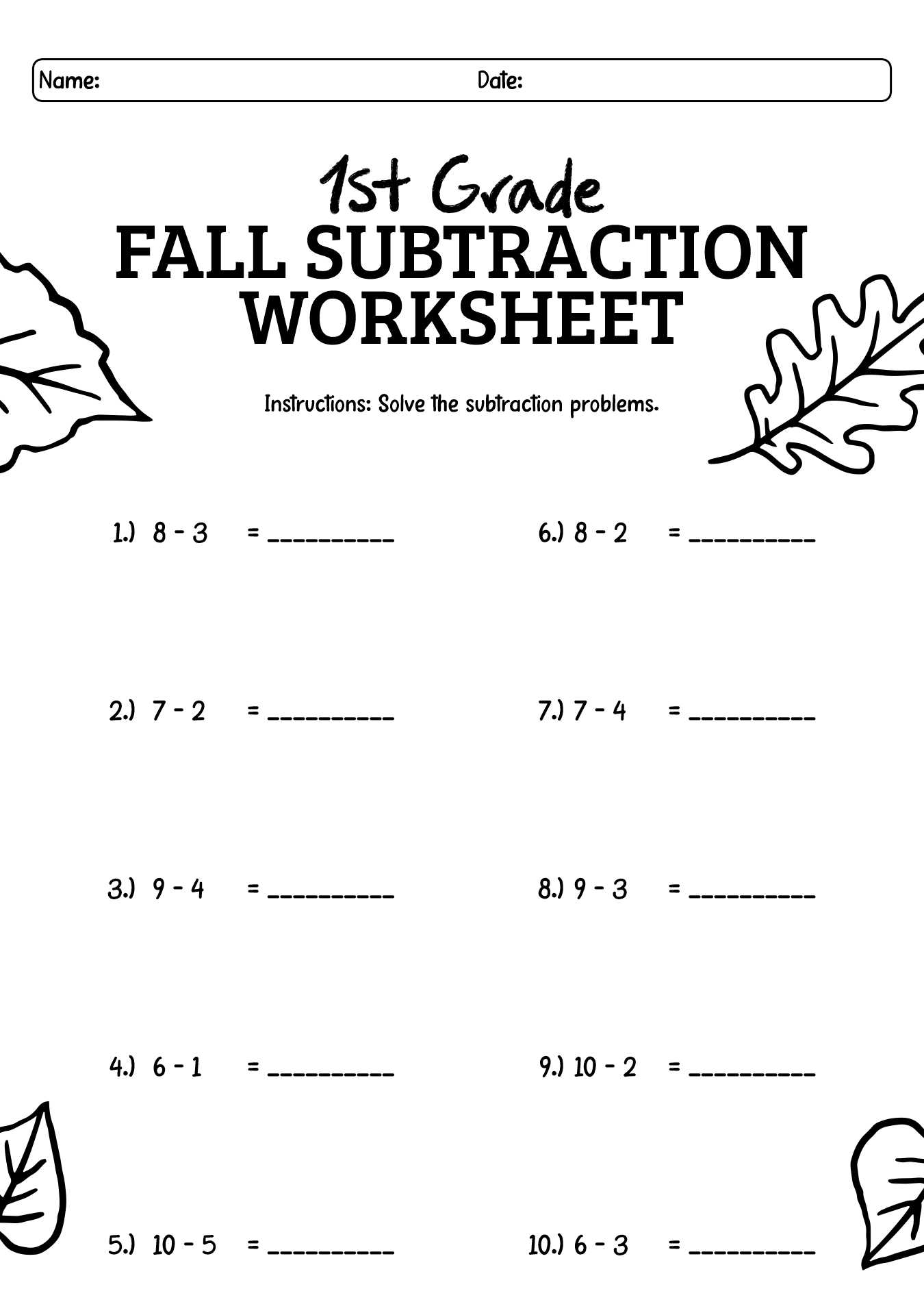 1st Grade Fall Subtraction Worksheets Sheets
