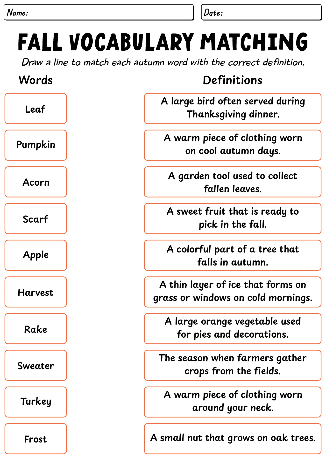 2nd Grade English Fall Vocabulary Matching Worksheet