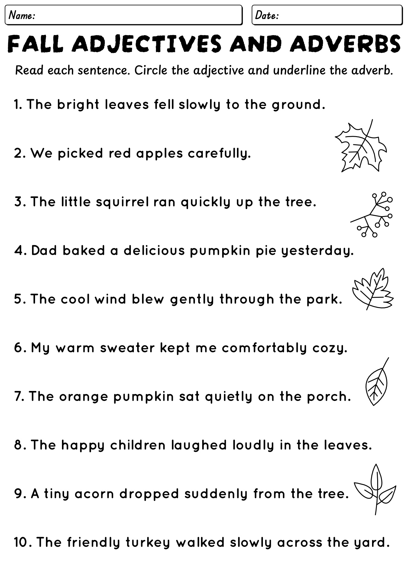 2nd Grade Fall Adjectives and Adverbs Worksheets