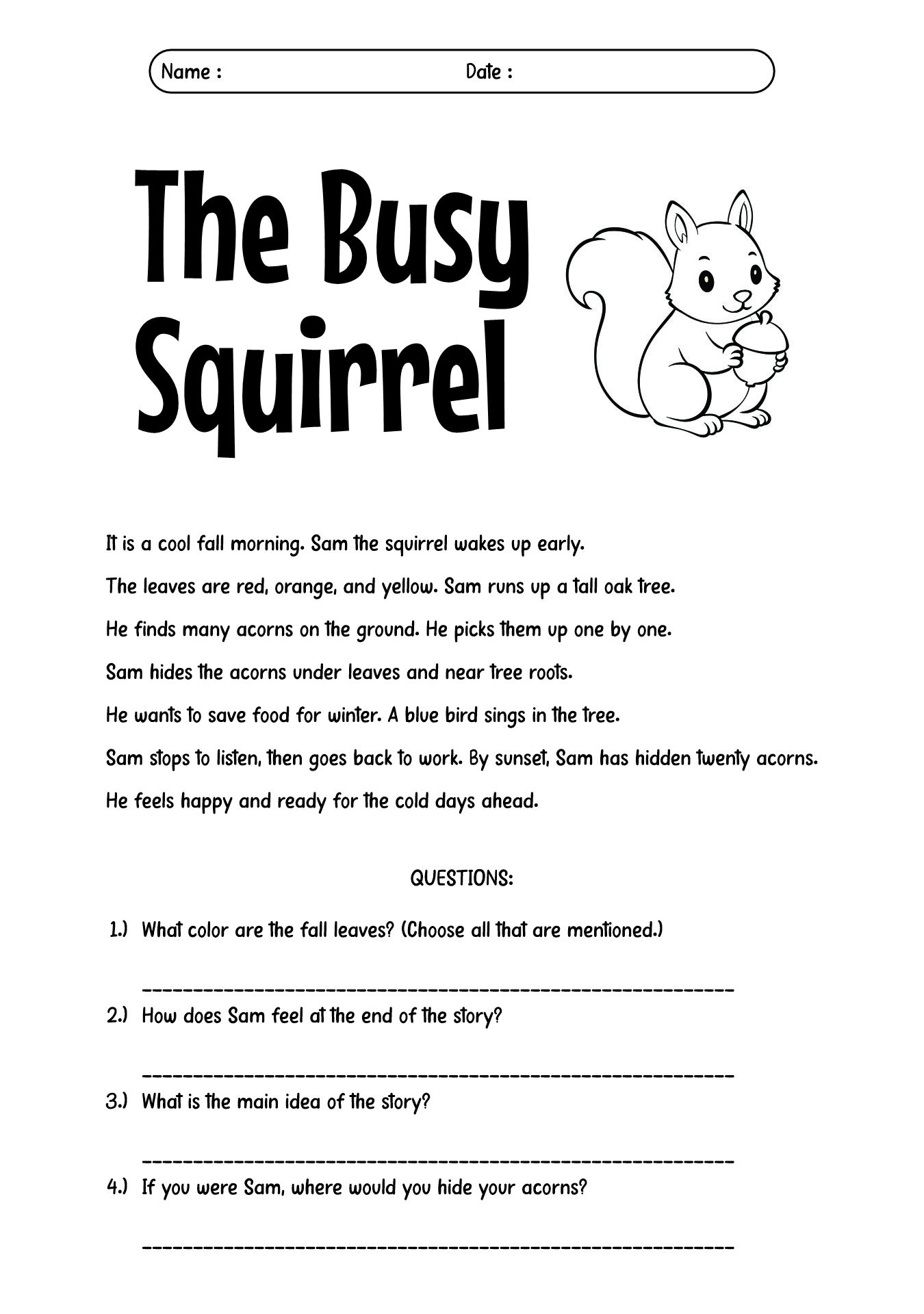 2nd Grade Fall Reading Comprehension Worksheet