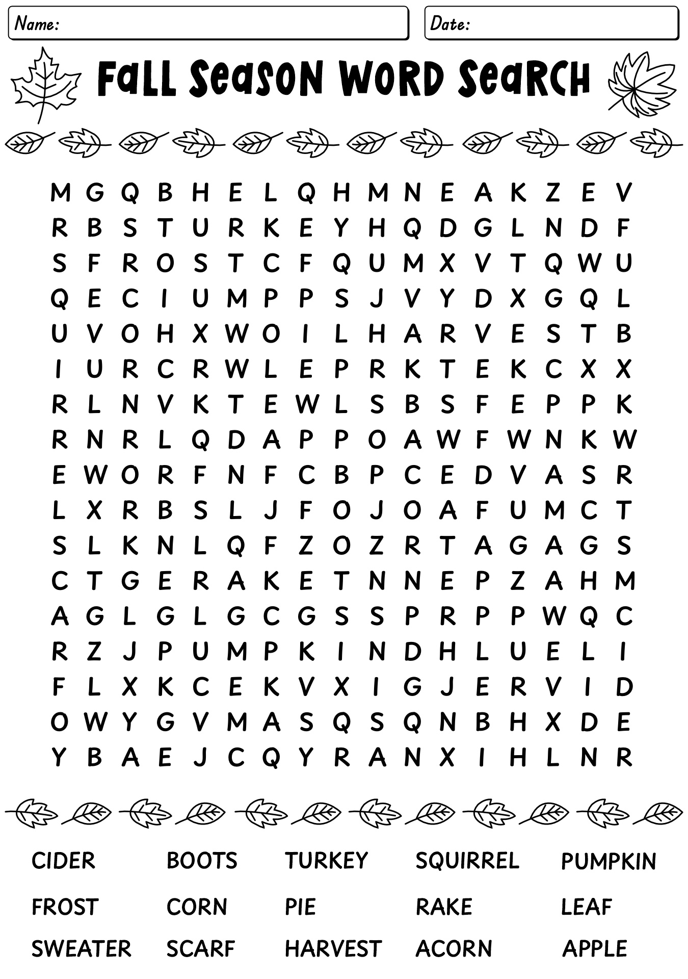 2nd Grade Fall Season Word Search Puzzles