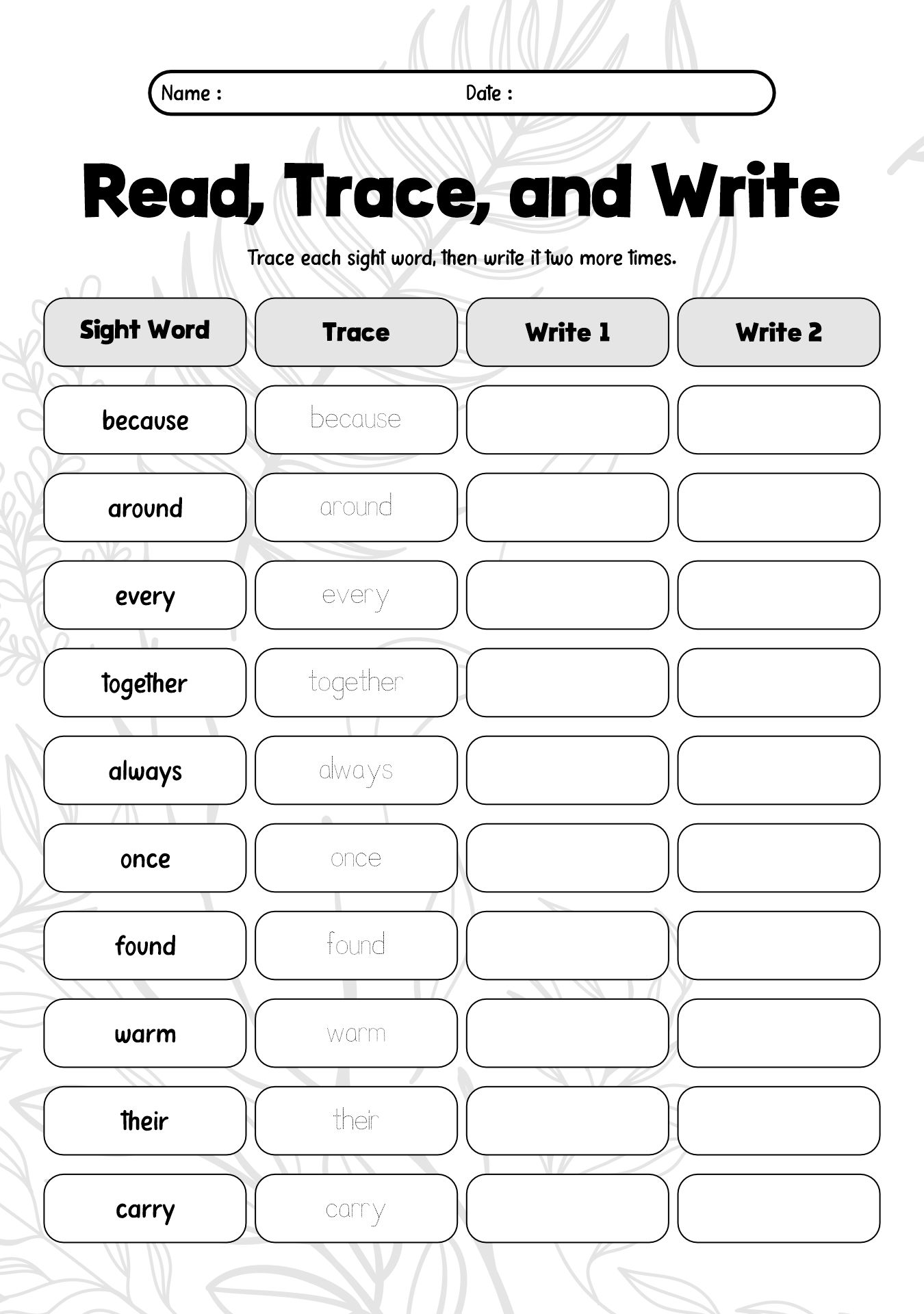 2nd Grade Fall Sight Words Practice Sheet