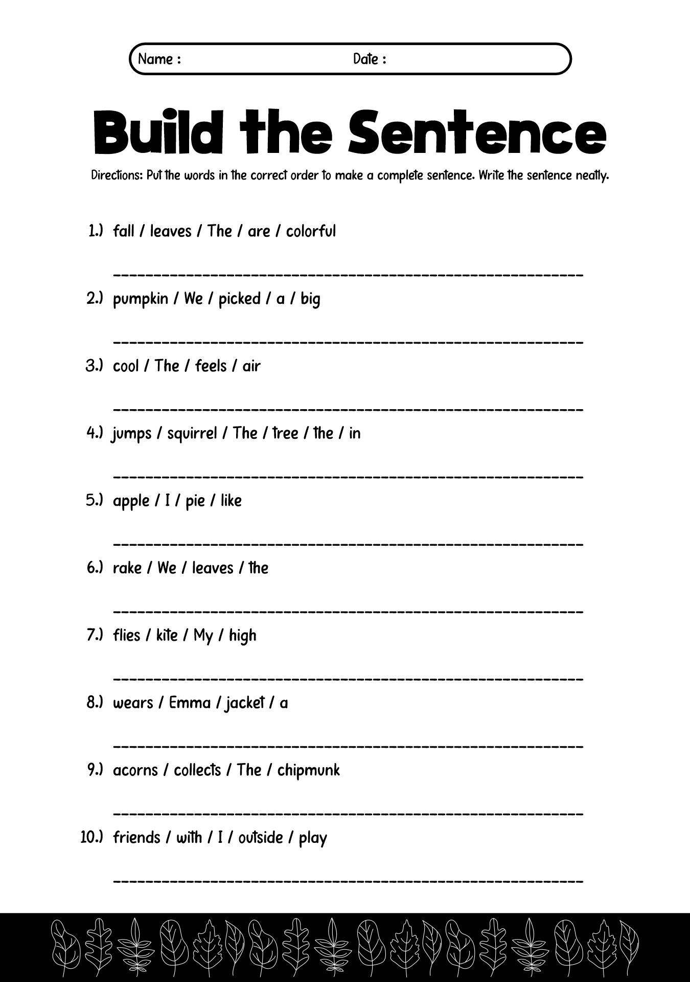 2nd Grade Fall-Themed Sentence Building Worksheet