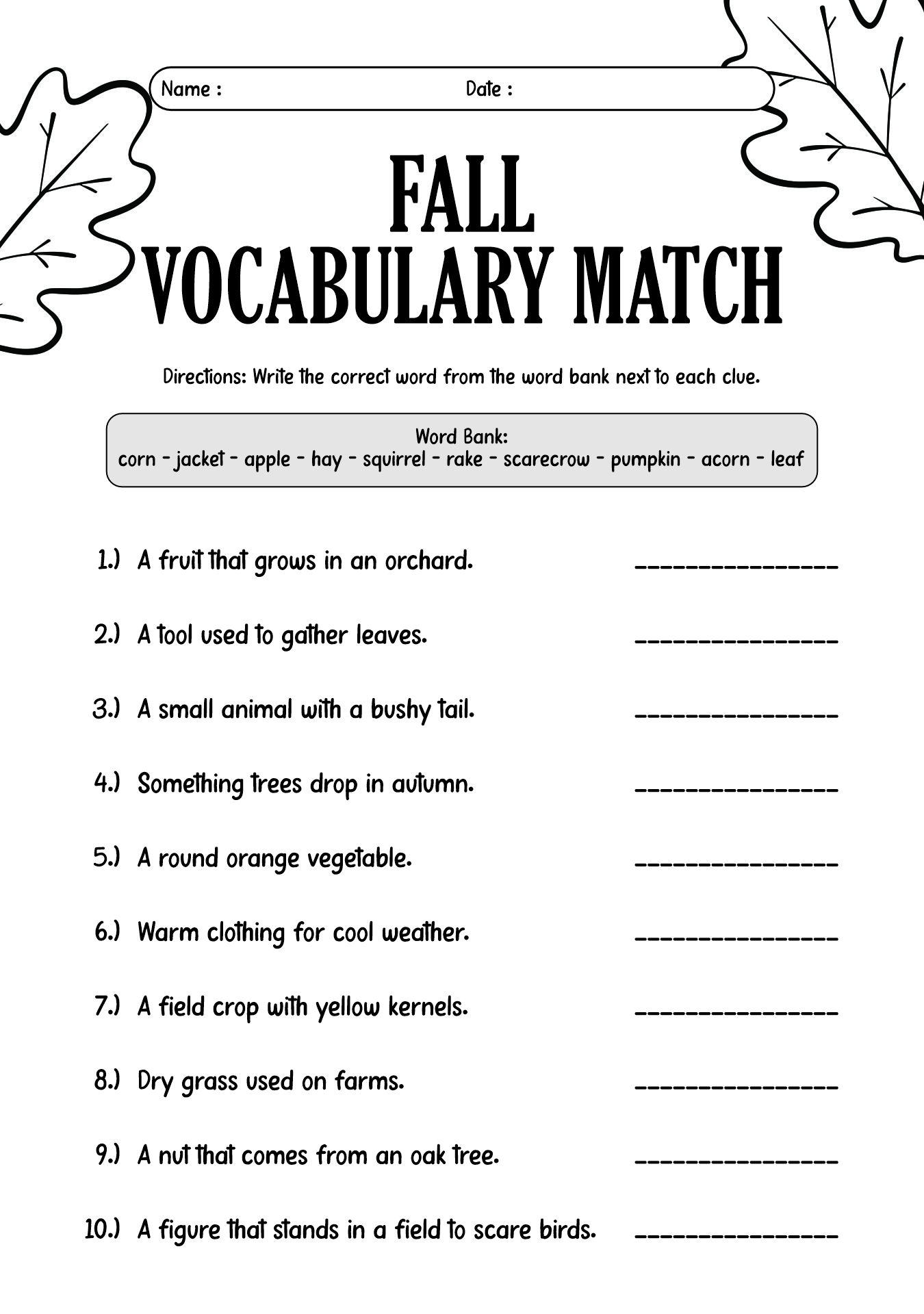2nd Grade Fall Vocabulary Exercises