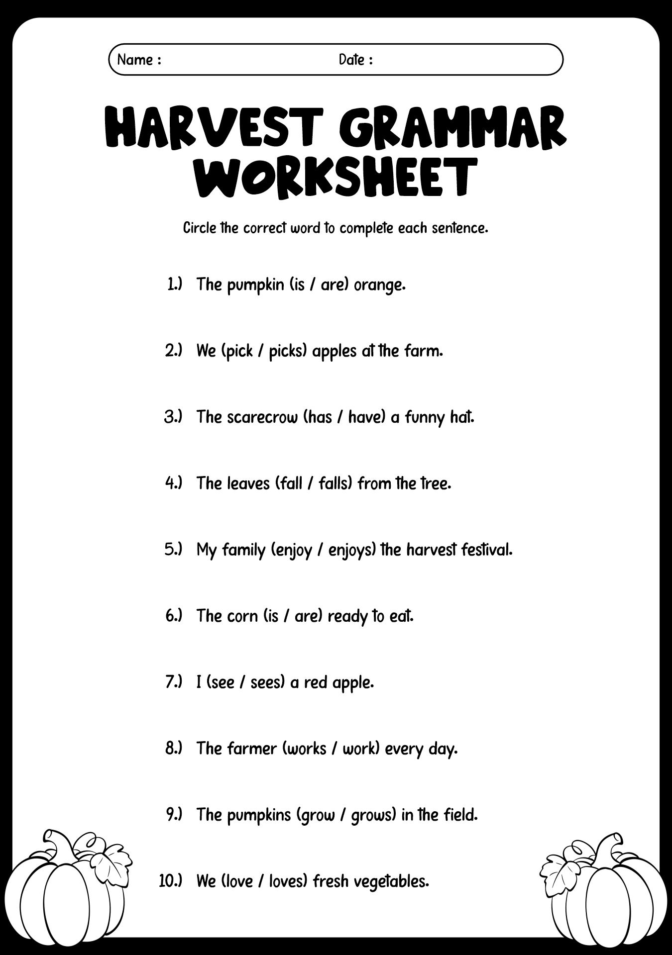 2nd Grade Harvest Theme Grammar Worksheet