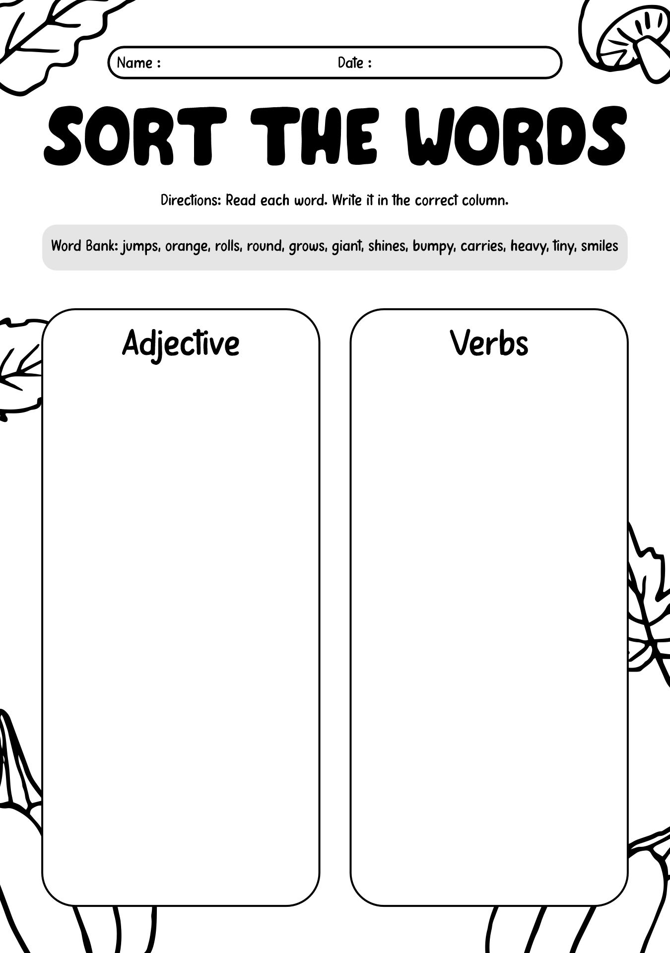 2nd Grade Pumpkin Adjectives and Verbs Worksheet