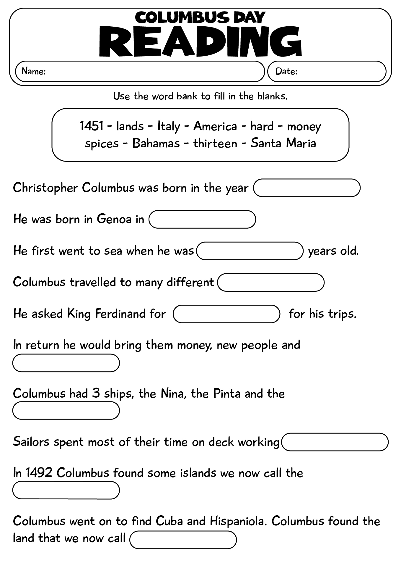 2nd Grade Reading Practice On Christopher Columbus