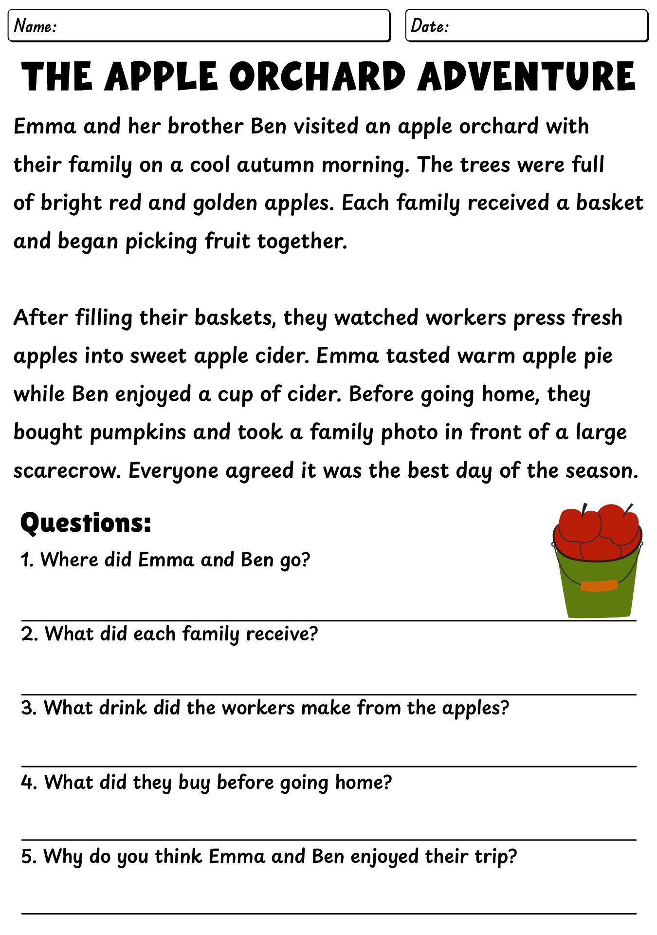 3rd Grade Autumn Reading Comprehension Sheets