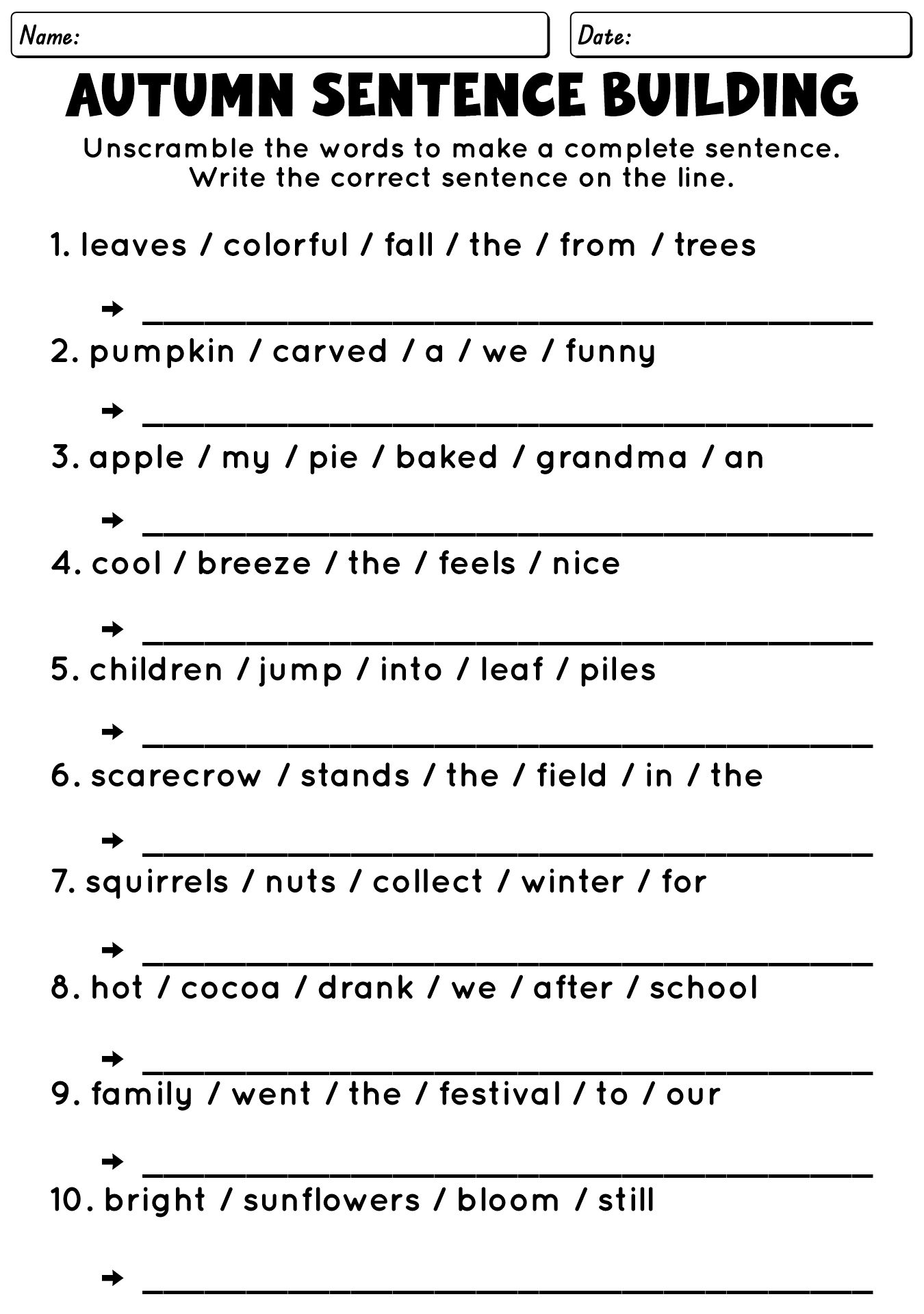 3rd Grade Autumn Sentence Building Worksheets