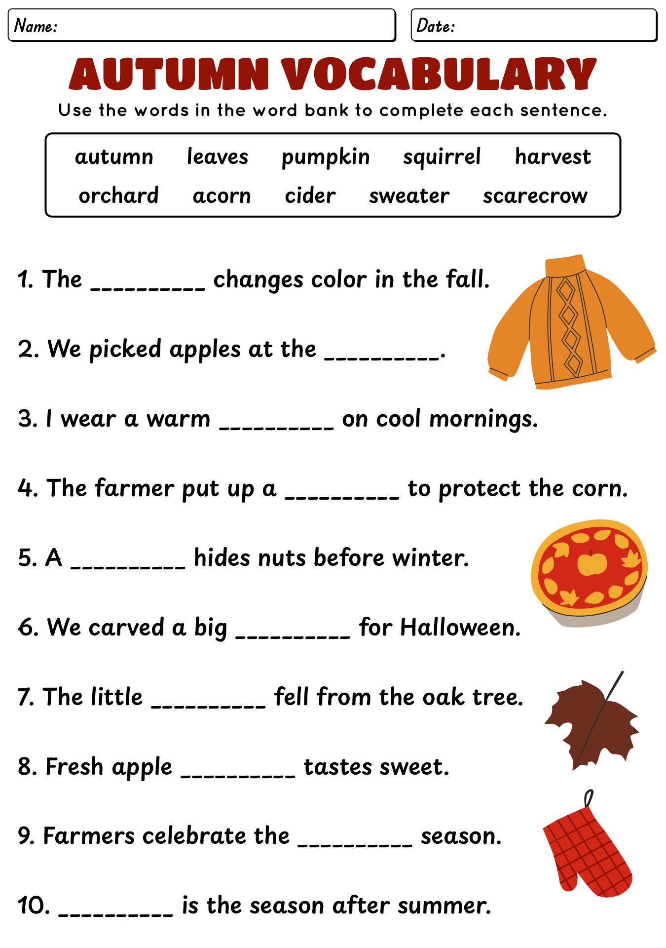 3rd Grade Autumn Vocabulary Exercises