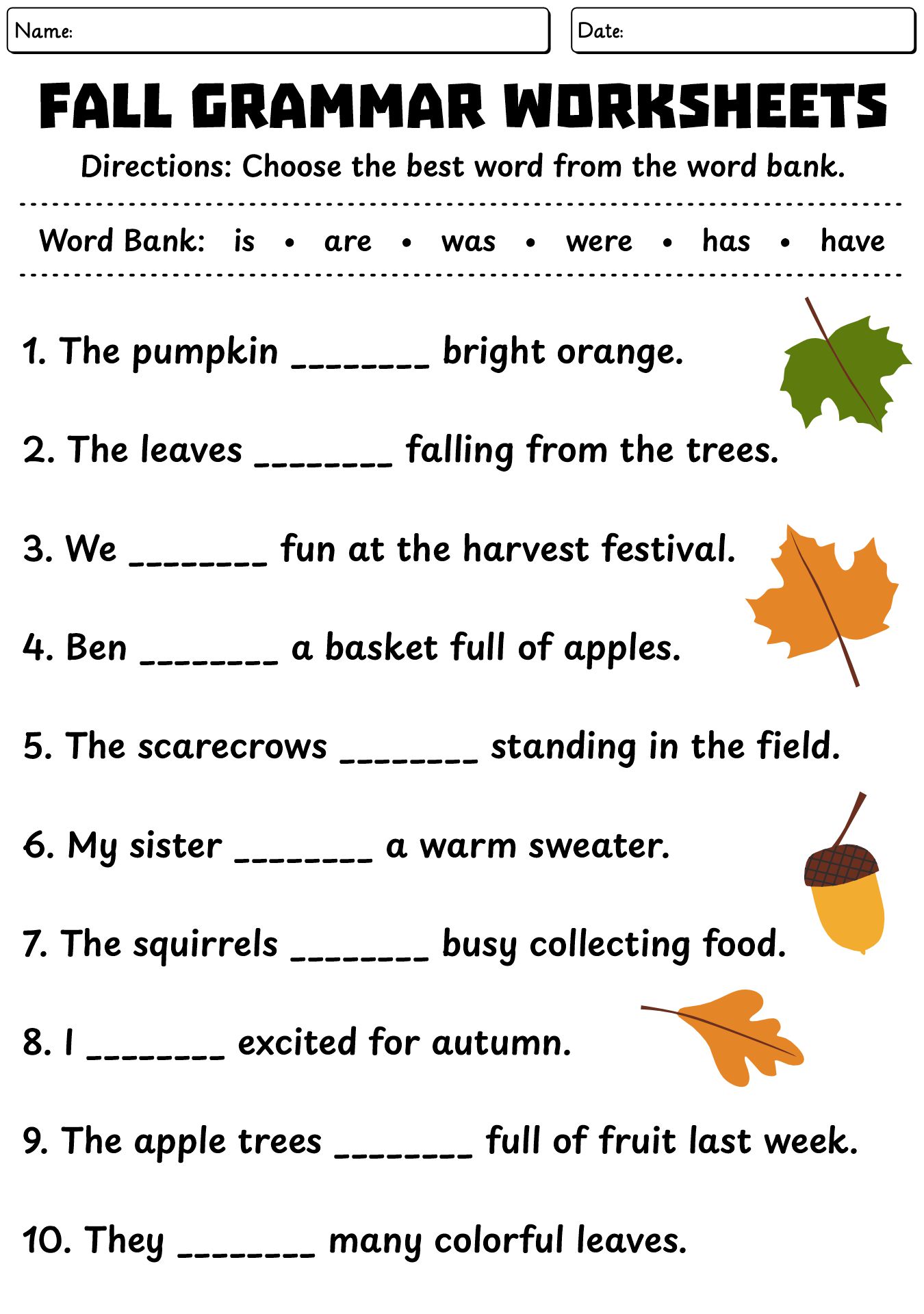 3rd Grade Fall Grammar Worksheets