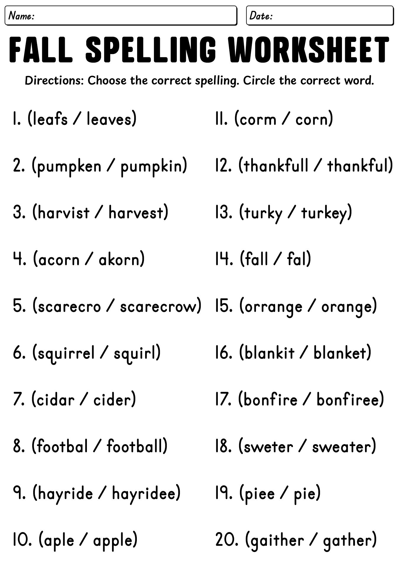 3rd Grade Fall Themed Spelling Activities