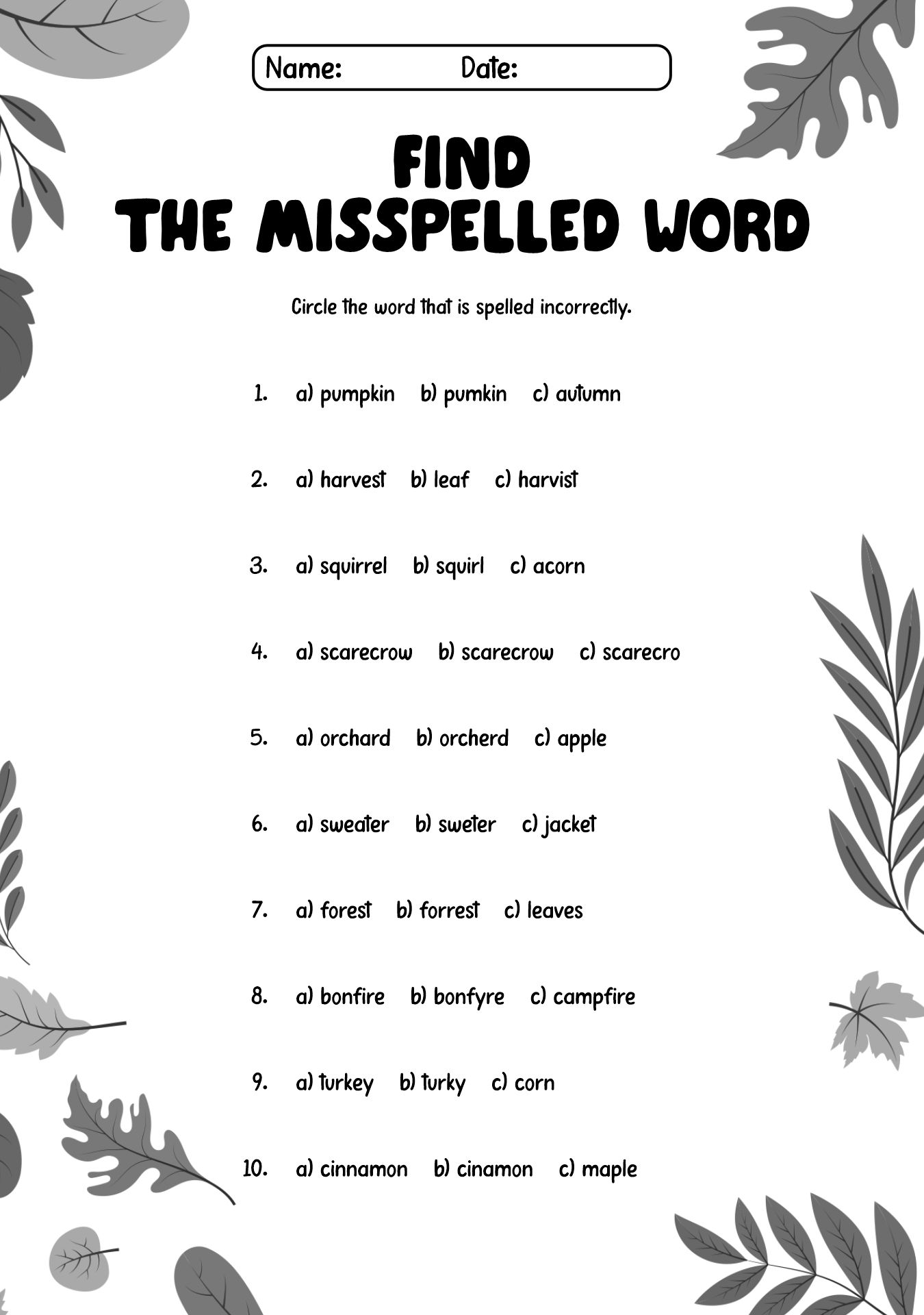 3rd Grade Fall Themed Spelling Challenges