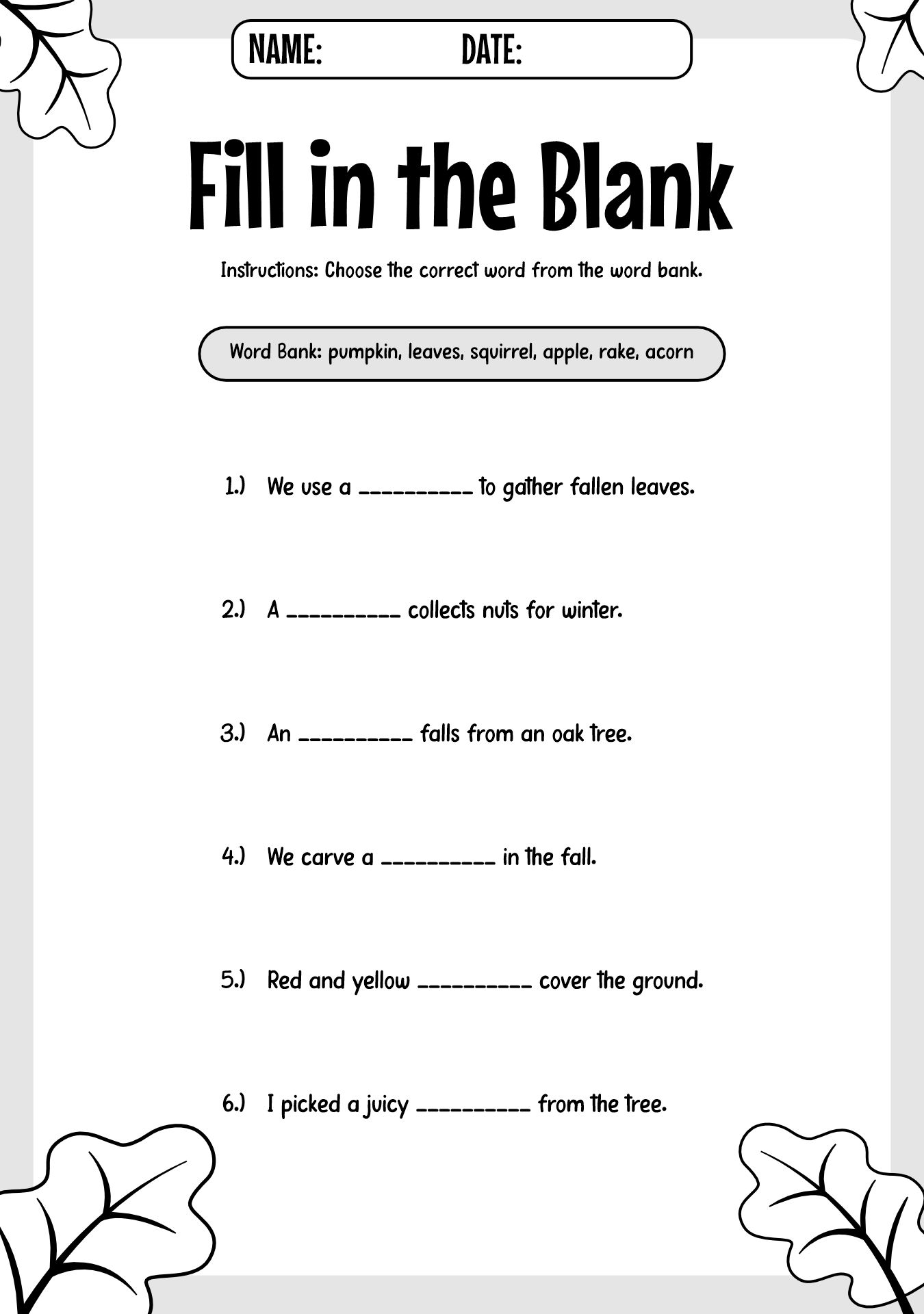 3rd Grade Fall Vocabulary Exercises