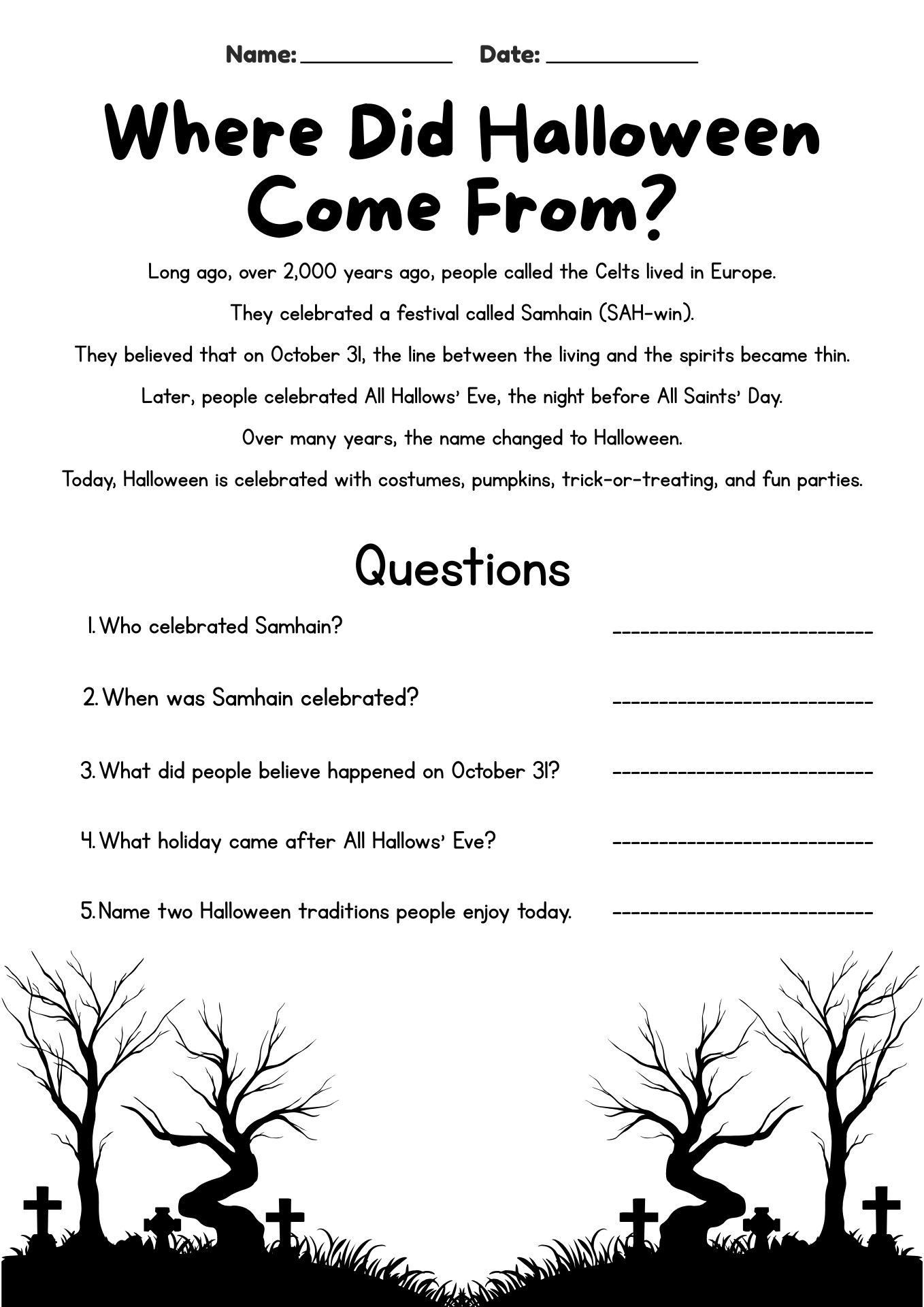 3rd Grade Halloween History Worksheets
