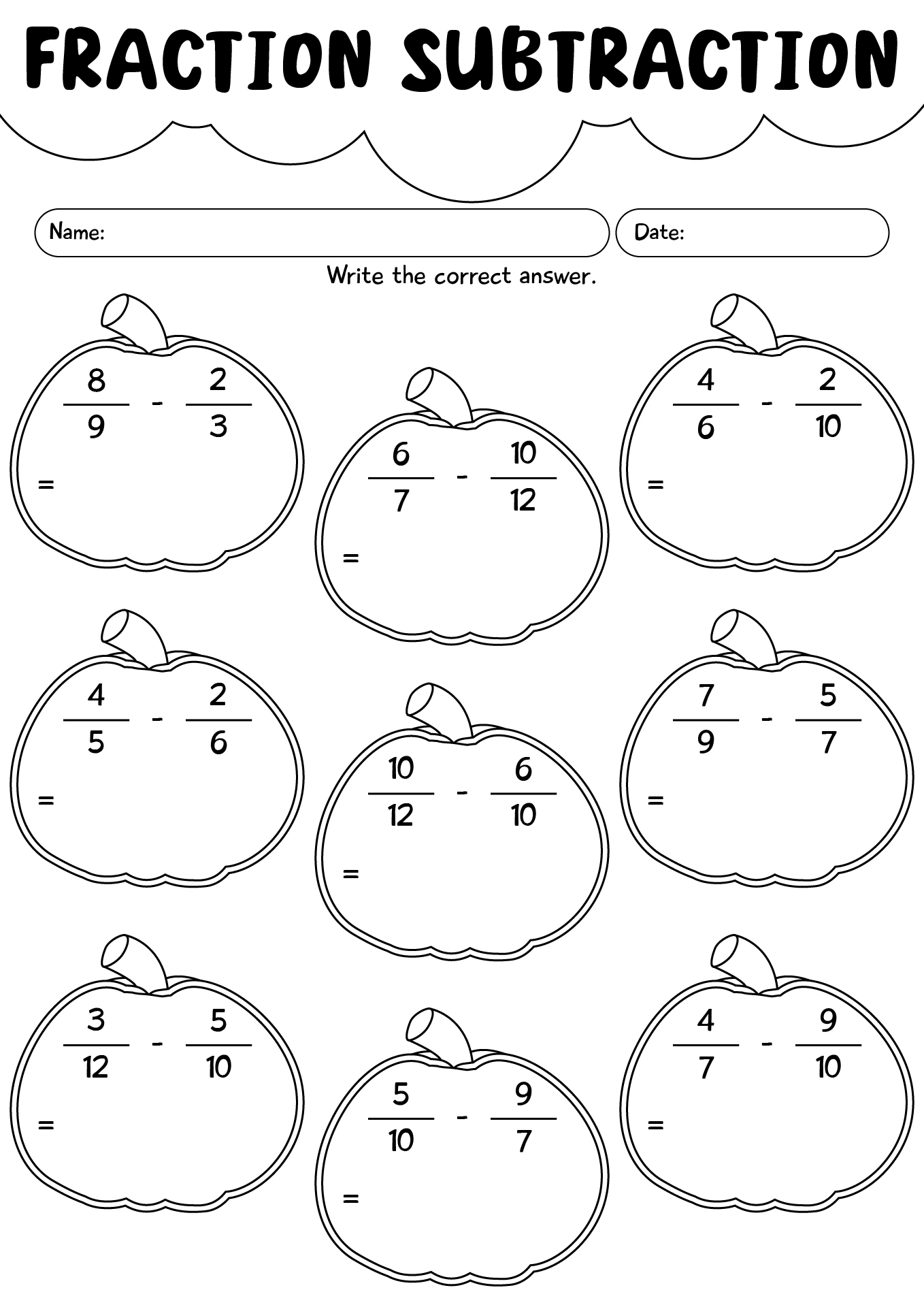 4th Grade Halloween Fraction Subtraction Practice