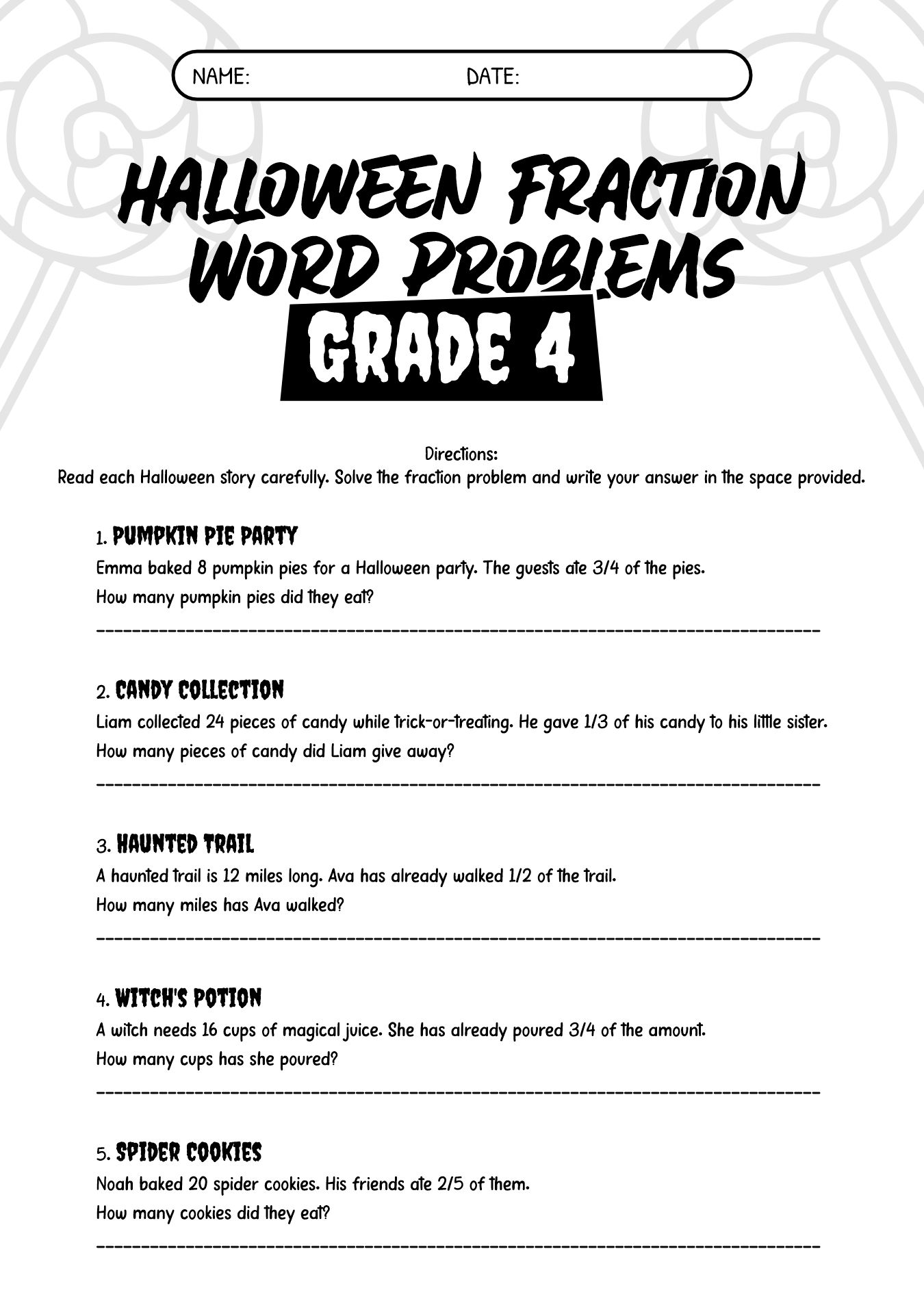 4th Grade Halloween Fraction Word Problem Worksheet