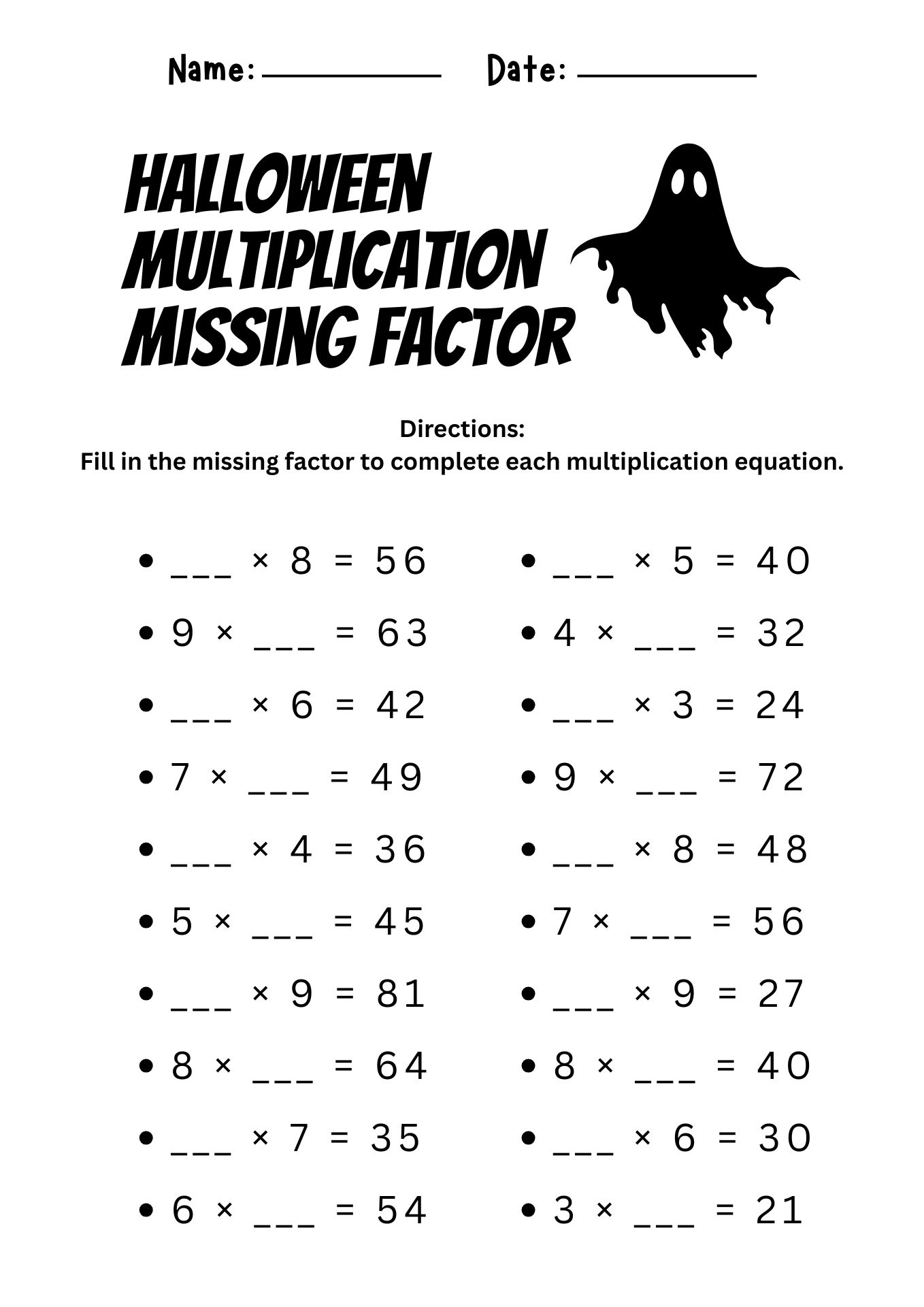 4th Grade Halloween Multiplication Missing Factor Worksheet