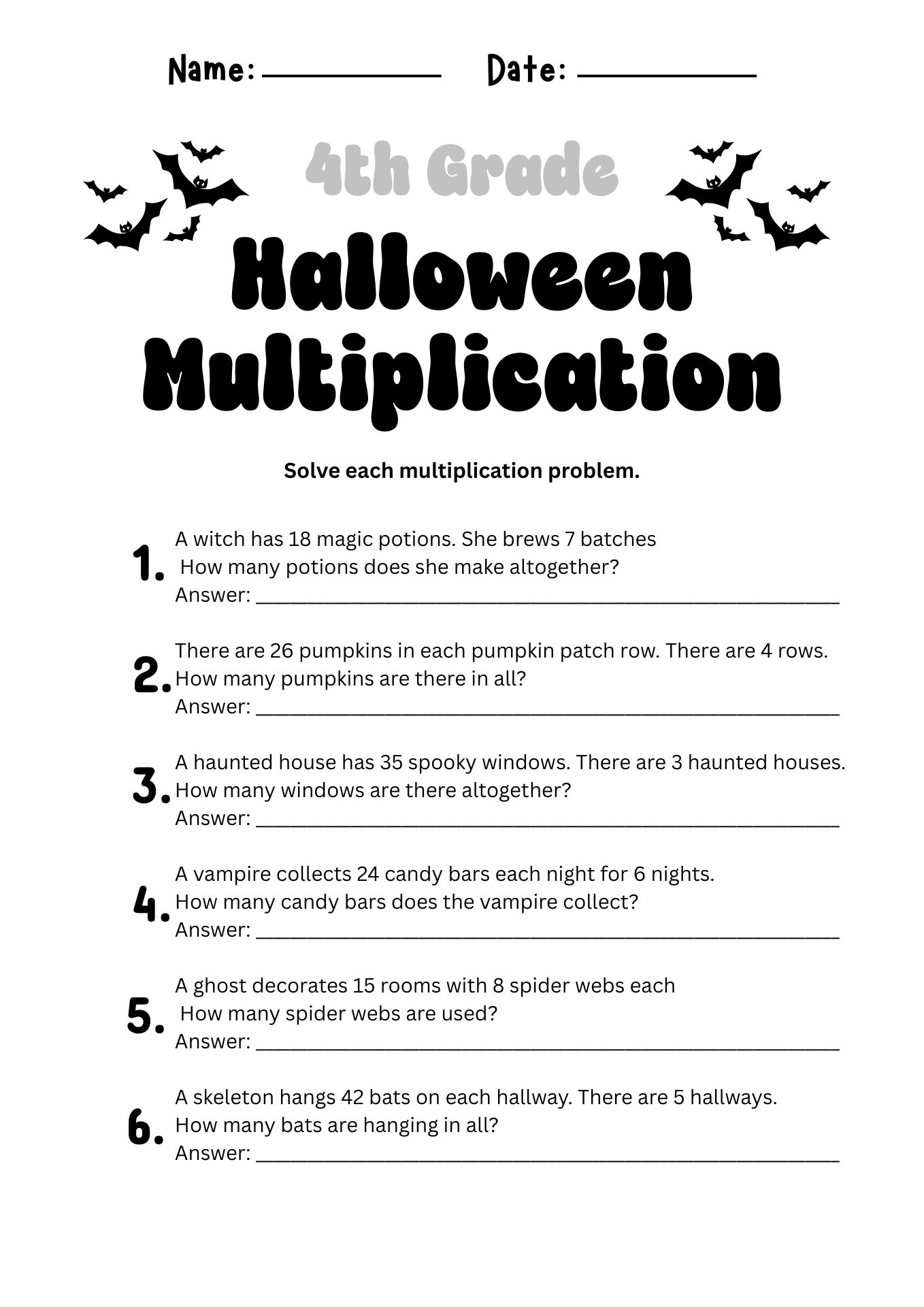 4th-grade Halloween Multiplication Worksheet