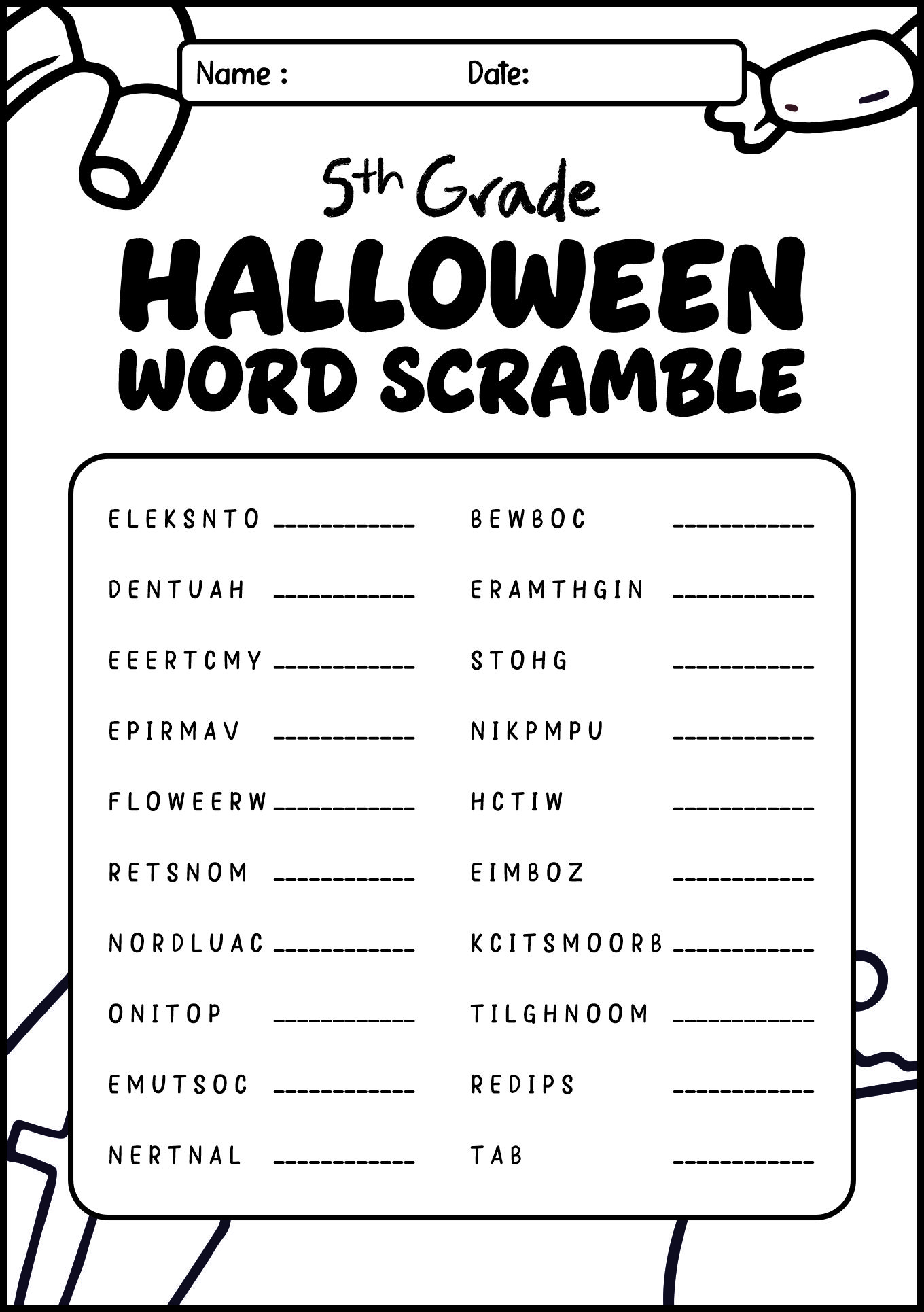 5th Grade Halloween Word Scramble Worksheet