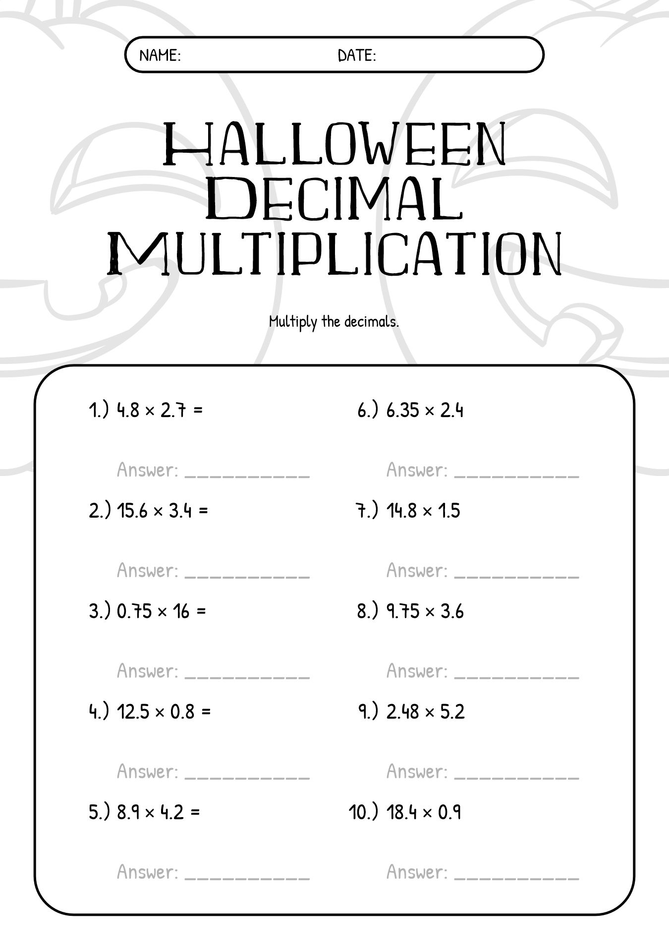 6th Grade Halloween Decimal Worksheets