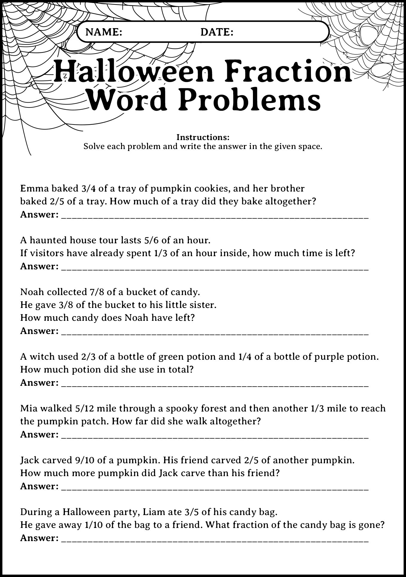 6th Grade Halloween Fraction Problems Worksheets