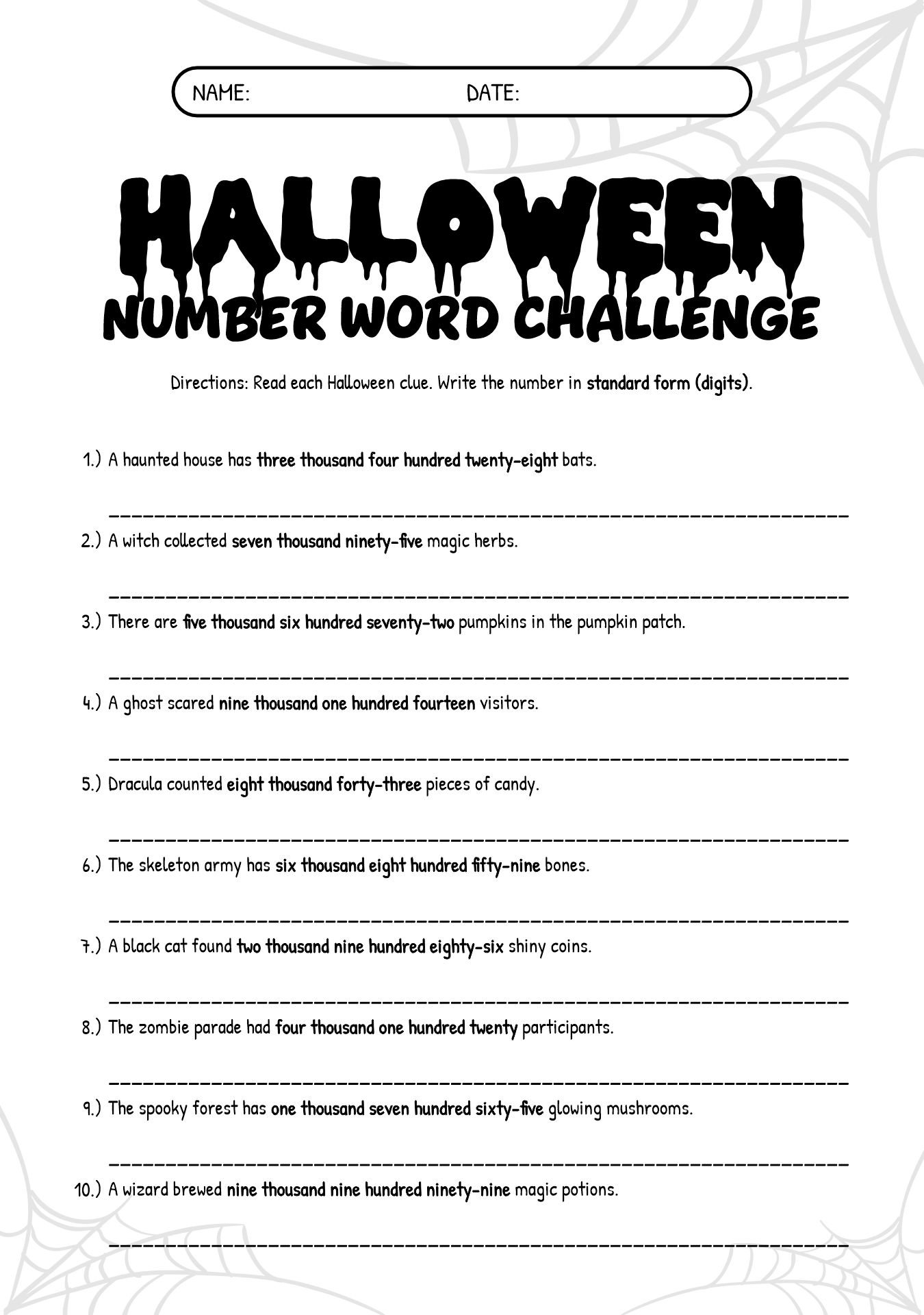 6th Grade Halloween Number Word Challenge Worksheet