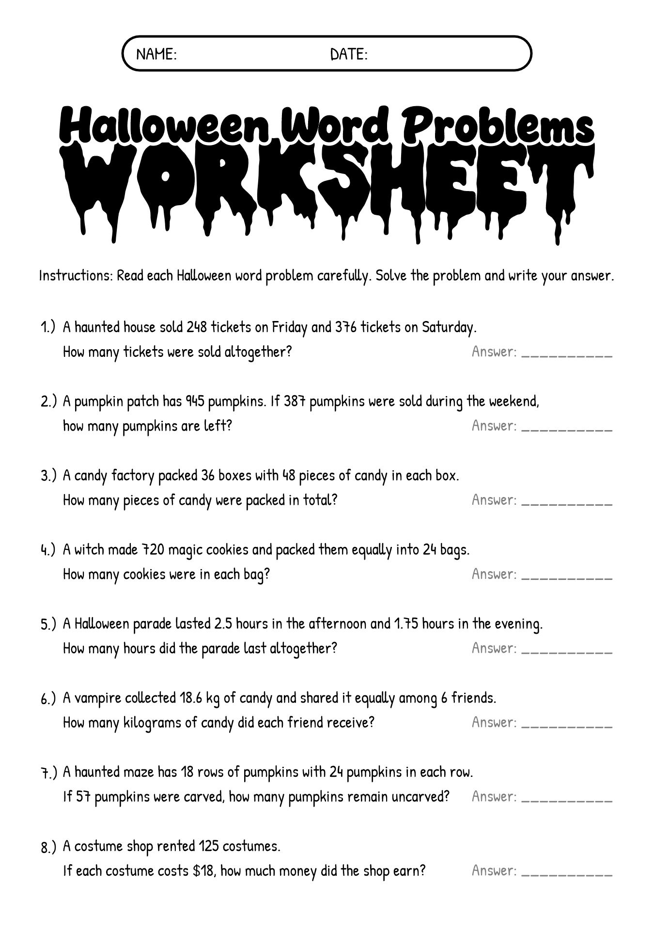 6th Grade Halloween Word Problems Worksheets