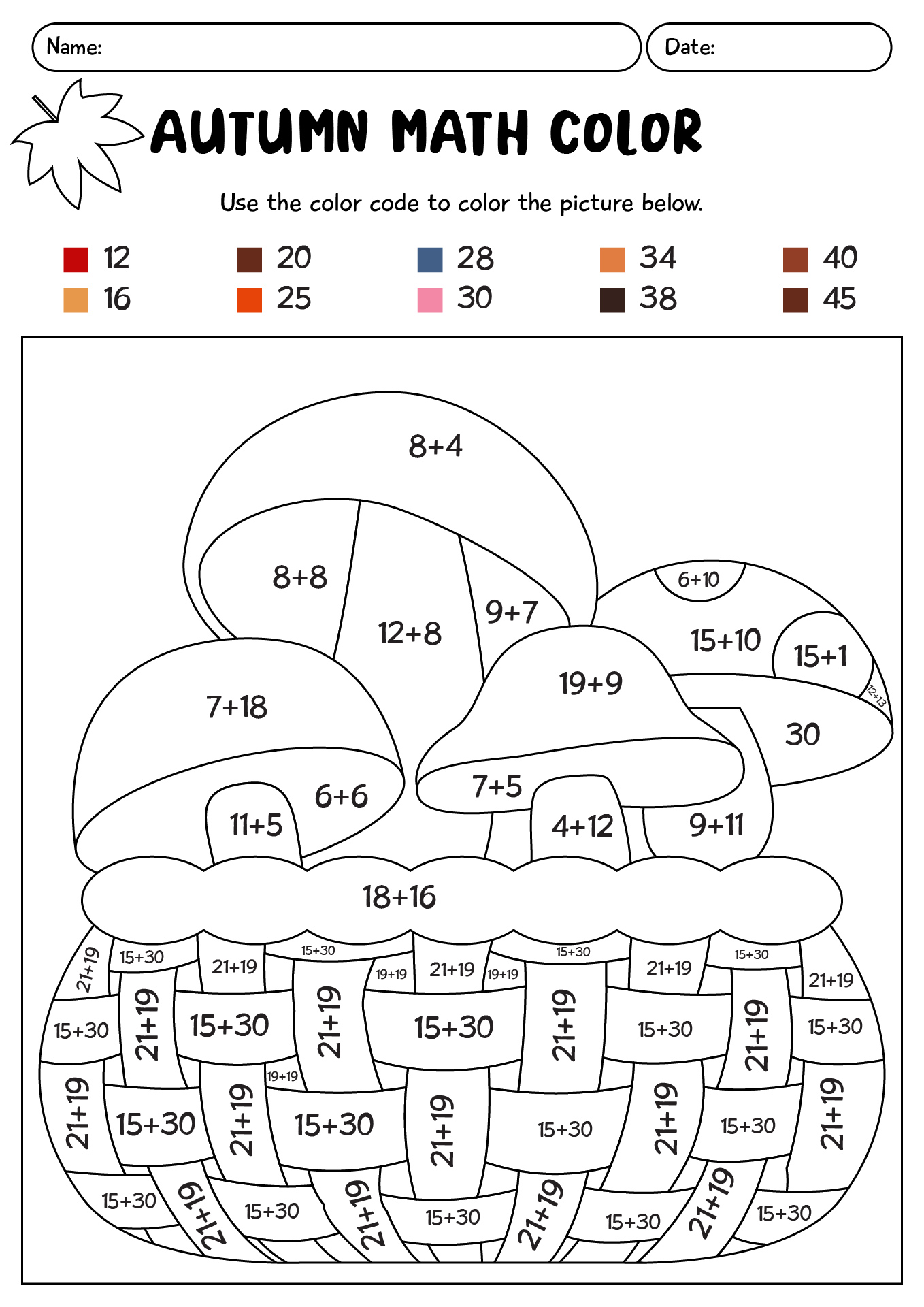 Autumn Color By Addition Math Worksheet