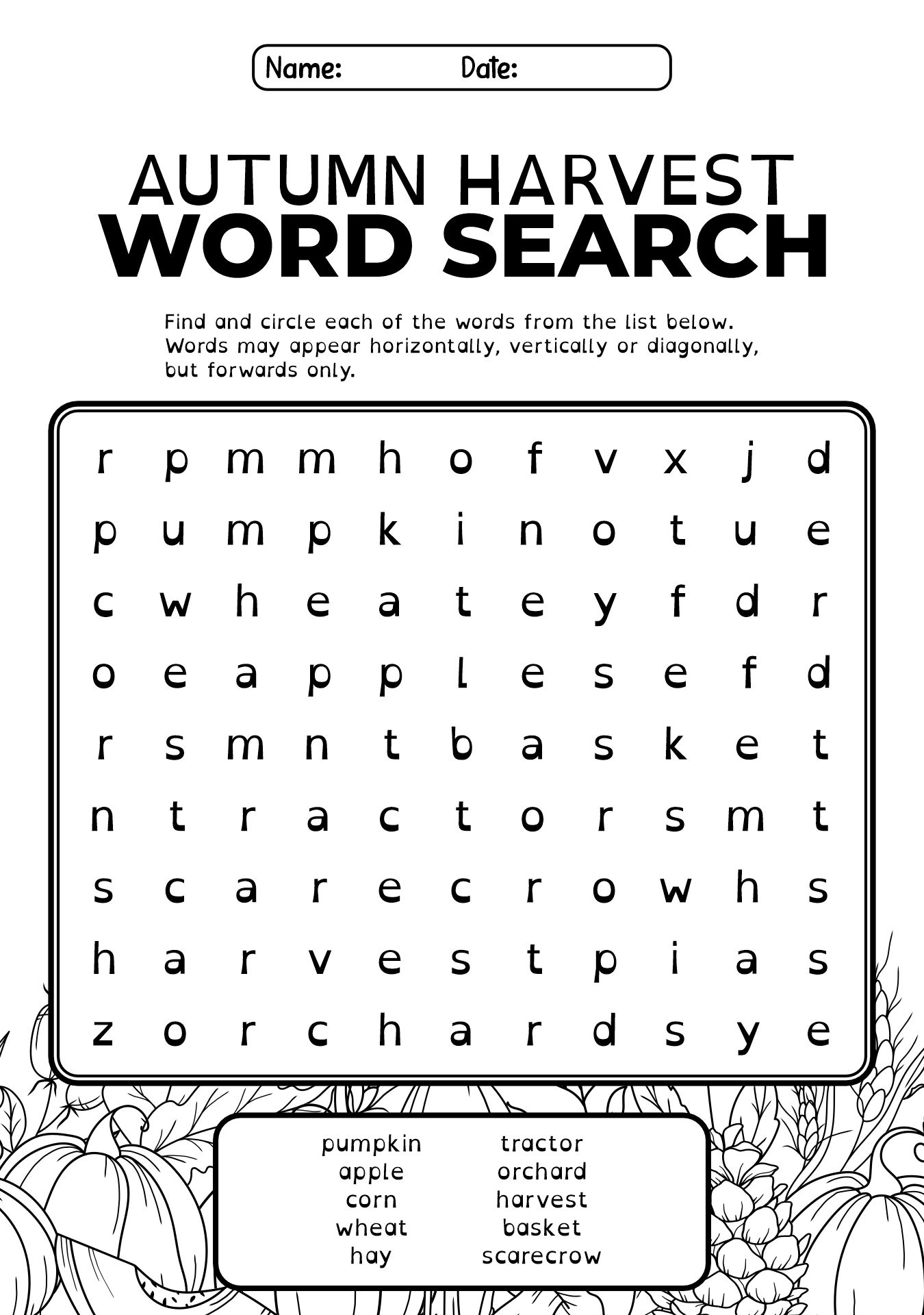 Autumn Harvest Word Search Worksheets