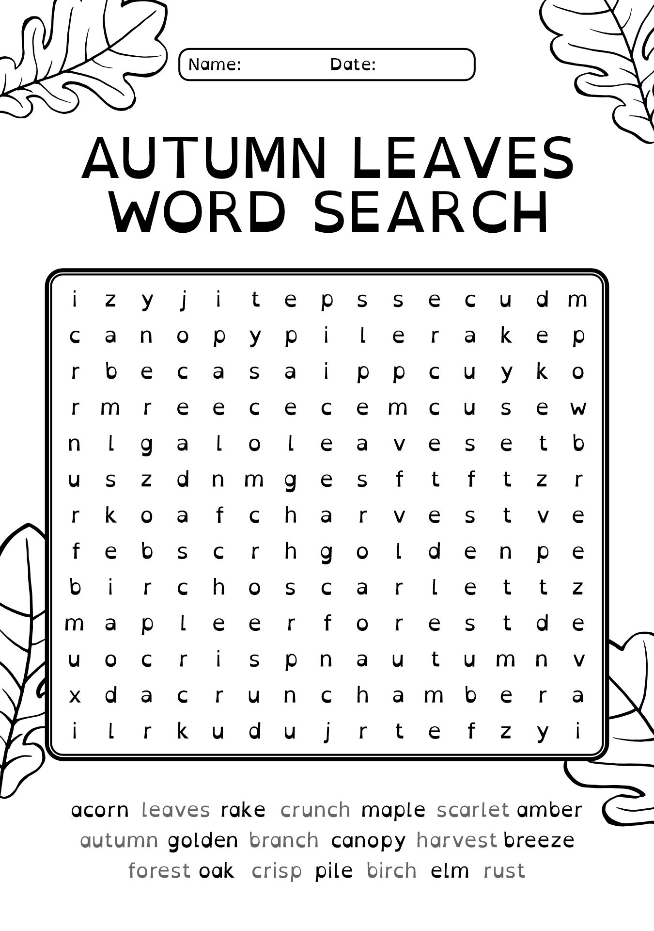 Autumn Leaves Word Search Challenges