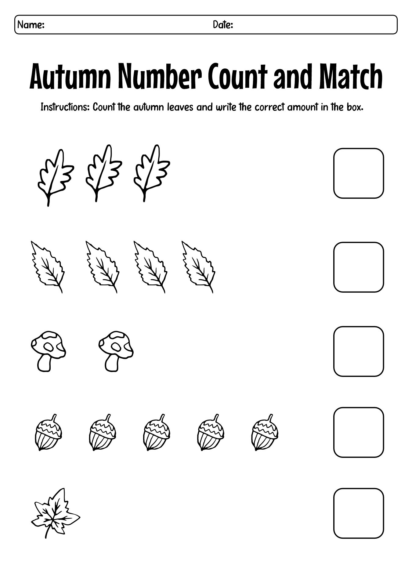Autumn Number Count and Match Worksheets for 1st Grade